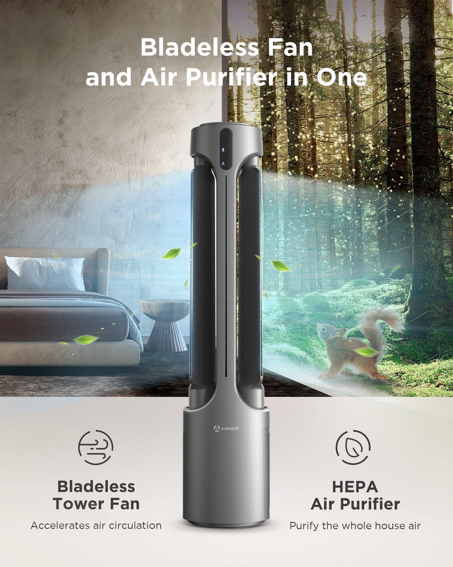 AIRMATE Air Purifier Bladeless Tower Fans, 1500CFM Large Air Volume, 45" 2-in-1 Standing Fan for Bedroom & Home, 28ft/s Velocity, 90° Oscillation, 15H Timer, Low Noise, Silver