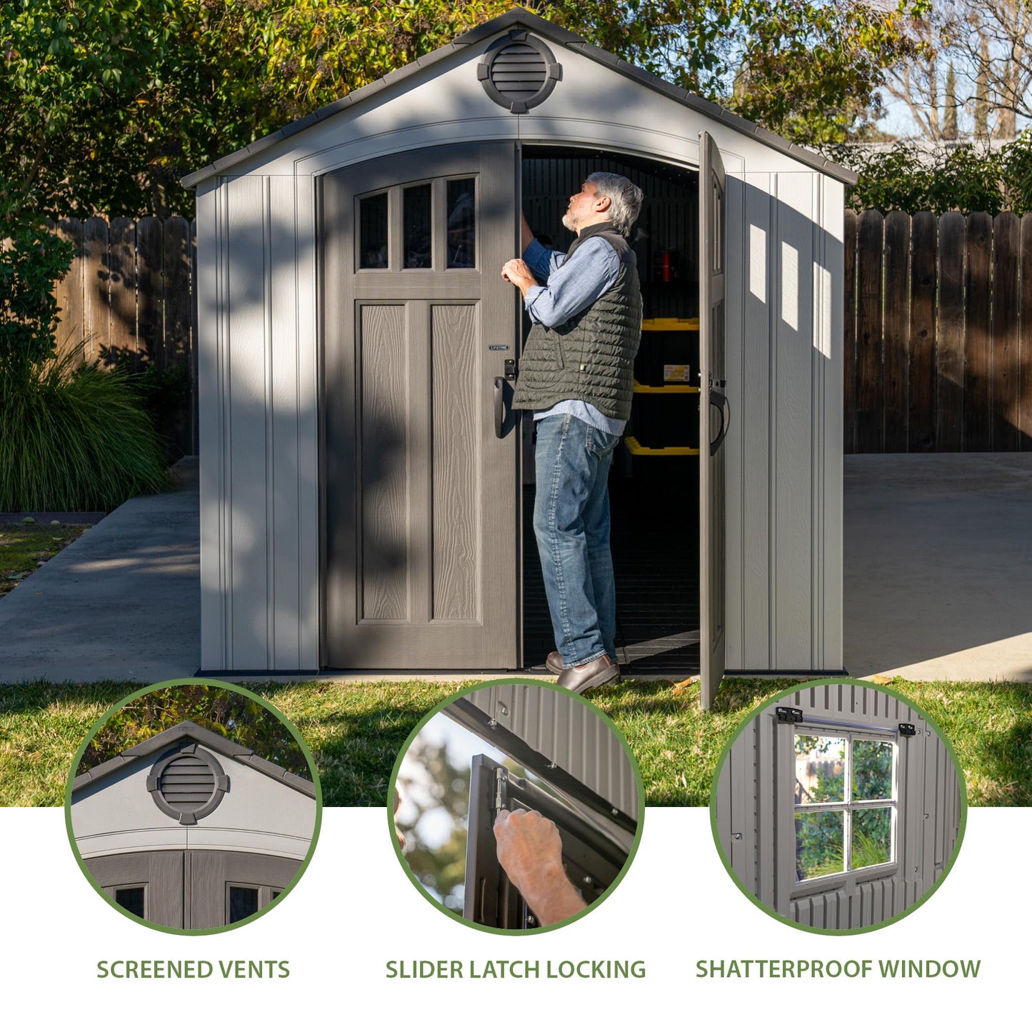 Lifetime Outdoor Storage Shed, 8x20 Ft, Gray, Resin Backyard Tool Shed with Lockable Doors and Weather-Resistant Panels