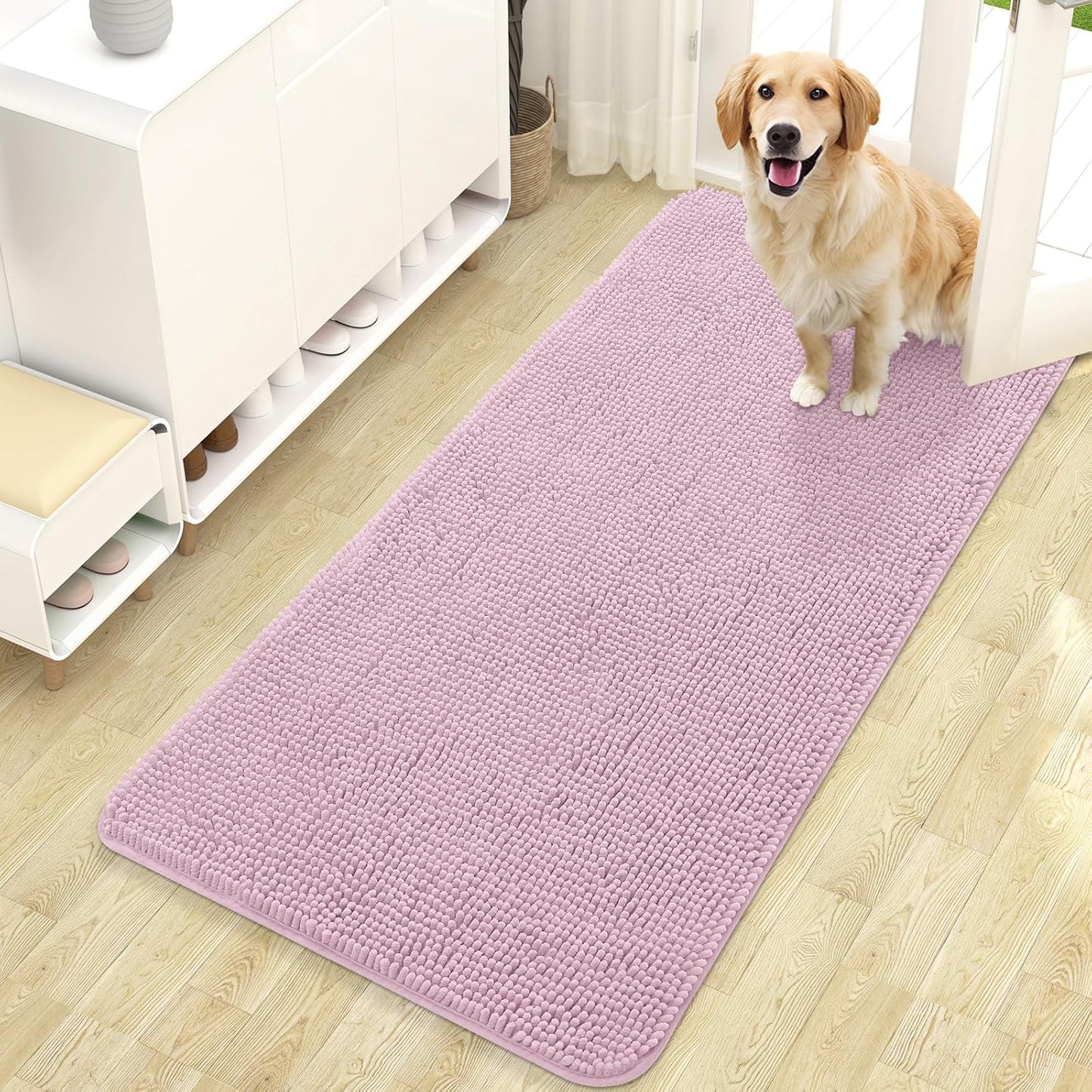 OLANLY Dog Door Mat - Absorbent Non-Slip Chenille Mat for Muddy Paws | 47x24, Quick Dry, Dusty Rose