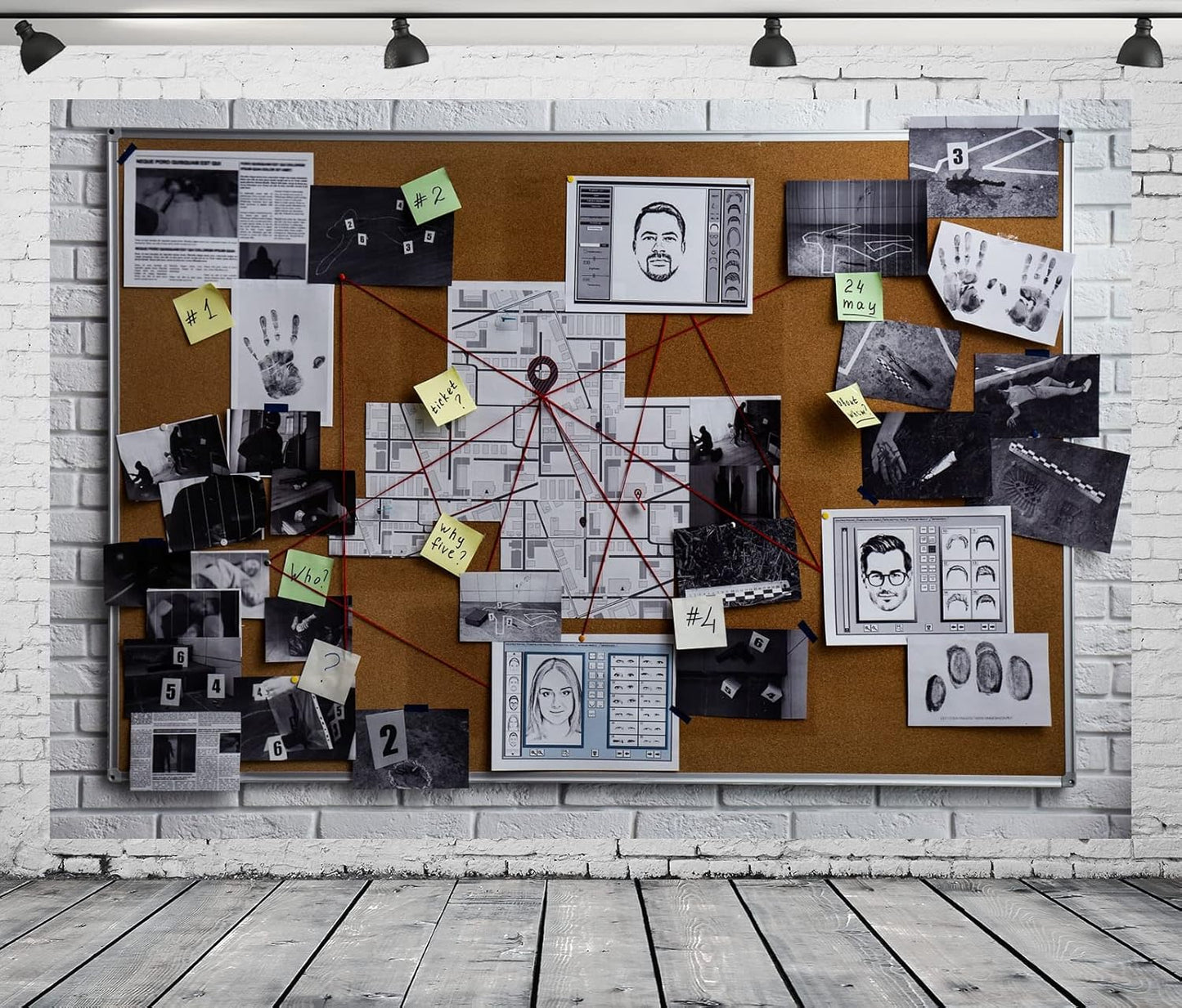 BELECO 9x6ft Fabric Spy Theme Detective Photography Backdrop Detective Board with Crime Scene Photos Fingerprint Clues