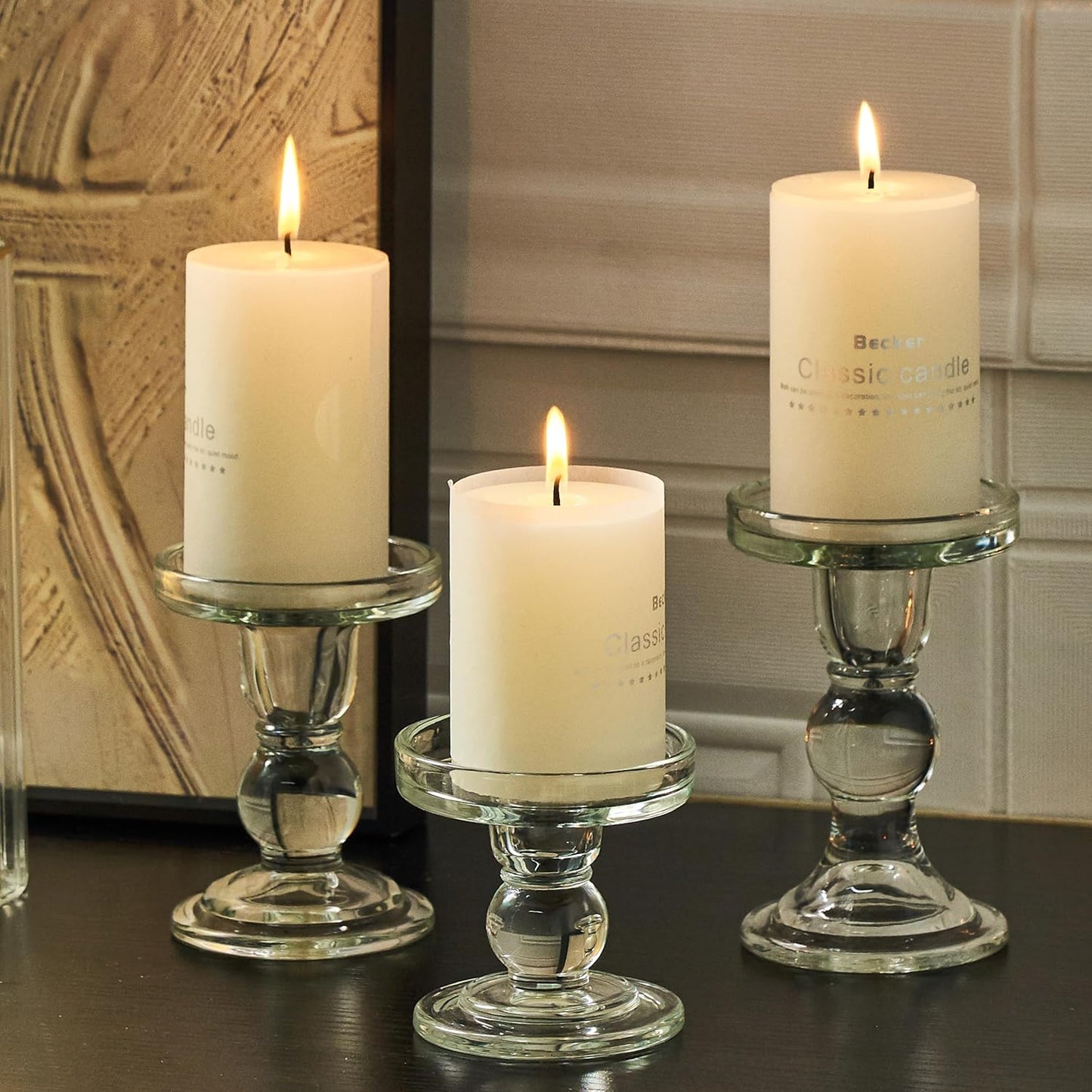Skiennix Clear Candle Holder Set - 3 Pcs Glass Pillar Holders for Taper Candles | Elegant Design