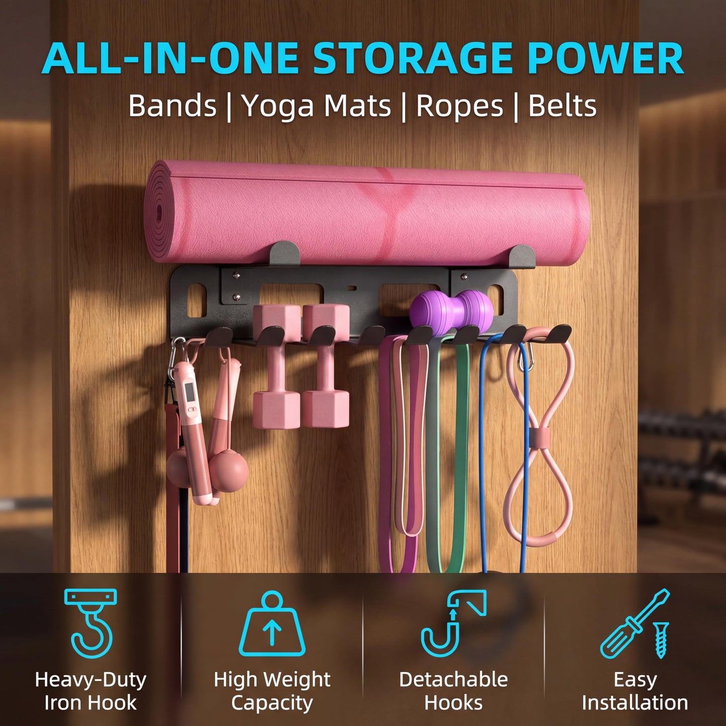 Heavy-Duty Metal Gym Storage Rack, Wall-Mounted Multi-Purpose Home Gym Organizer for Yoga Mat, Resistance Bands, Jump Ropes, Weight Belts - Space-Saving Garage Gym Storage with Removable Hooks