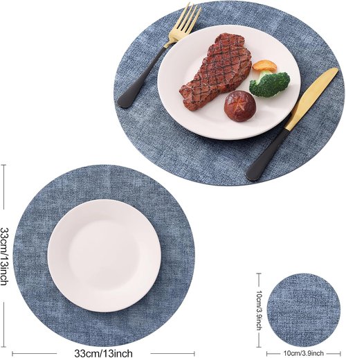 Homaxy Round Faux Leather Placemats - Washable Dual-Sided Table Mats Set of 6 | 13" & 3.93" - Blue