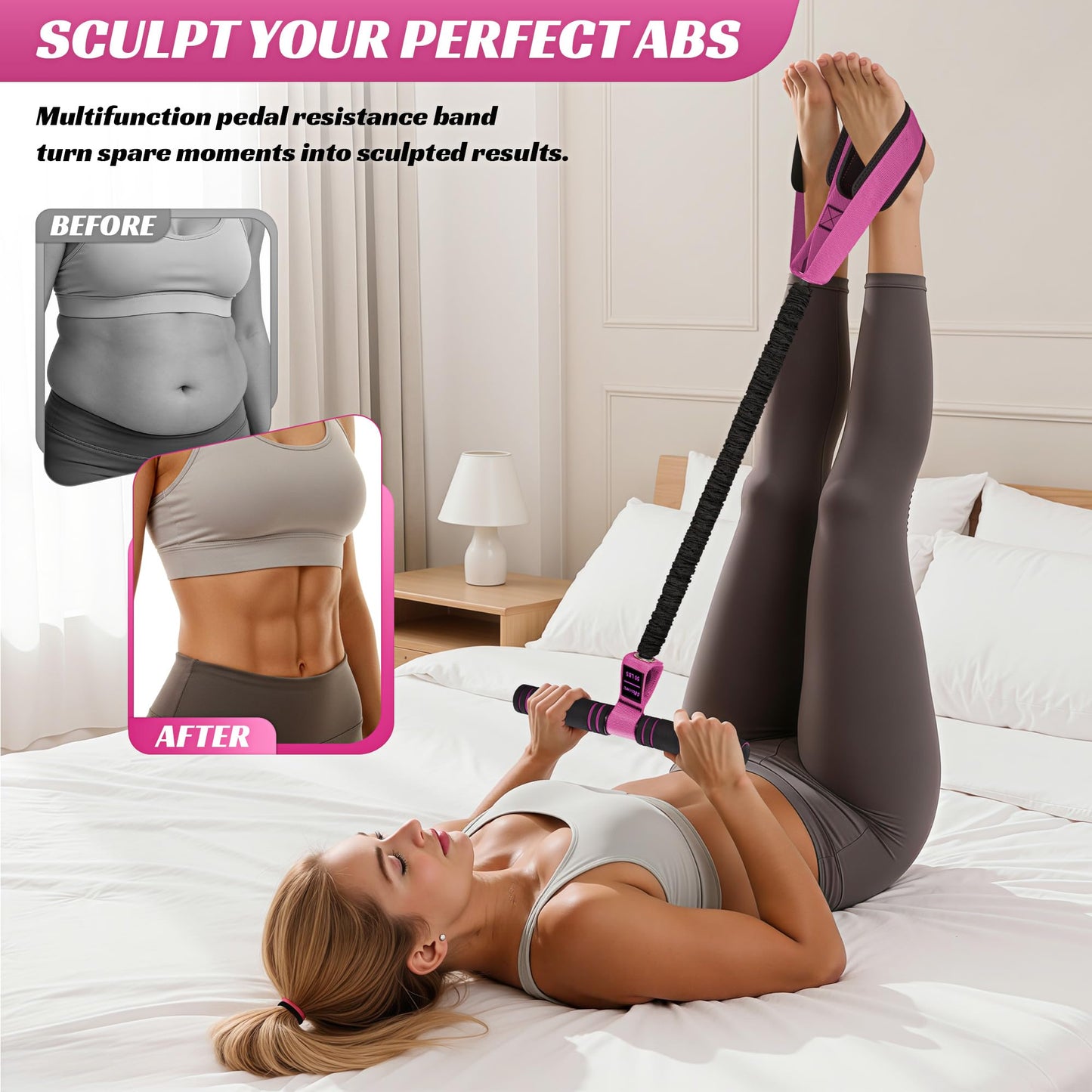 HOXWC Multifunction Pedal Resistance Band with Handle, 50LBS Foot Pedal Resistance Bands for Core/ABS, Arm, Waist, Abdomen, Leg Workout, Portable Sit Up Exercise Equipment for Women