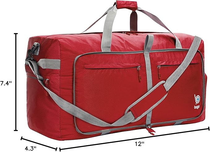 Bago Large Foldable Duffel Bags for Traveling Women & Men - 120L Packable Duffle Bag for Travel with Shoe Compartment - Water Repellant, Heavy Duty, Lightweight Folding & Collapsible (Red)