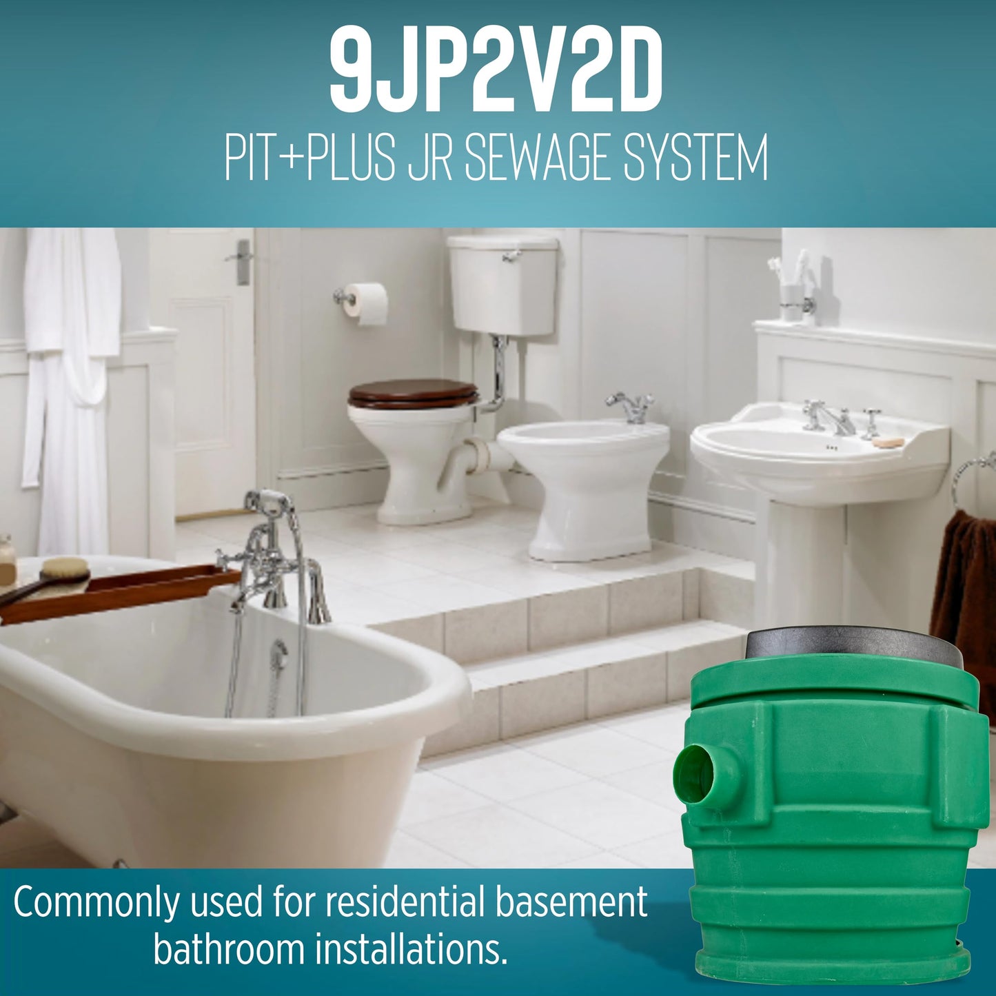 Little Giant 9JP2V2D Pit Plus JR Sewage Basin System with 115-Volt, 4/10 HP, 6000 GPH 9SC-CIM Sewage Pump, ECM Switch with 20-Ft. Cord, 2-inch Vent, 2-inch Discharge, Green/Blue/Black, 509687