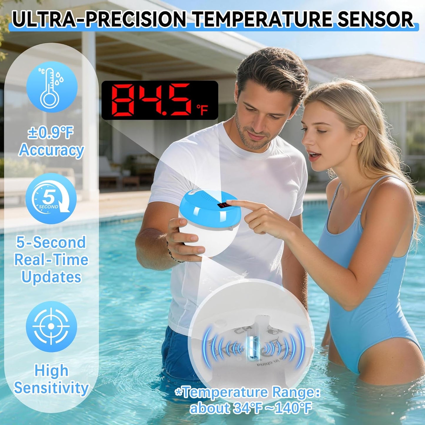FluSing 3 1 IP68 in Floating Pool Speaker with Digital Thermometer,Bluetooth Pool Speaker with Colorful Lights,TWS