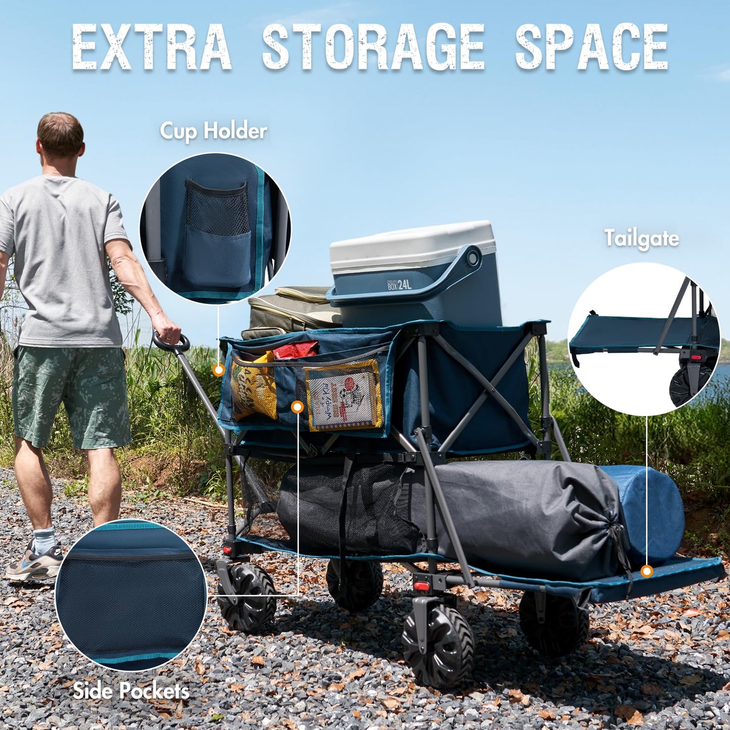 Portal Collapsible Double Decker Wagon Folding Utility Cart with Tailgate, Beach Wagons with Big Wheels, 660LB Heavy Duty Foldable Wagon 14 FT³ Large Capacity for Camping, Sports, Garden