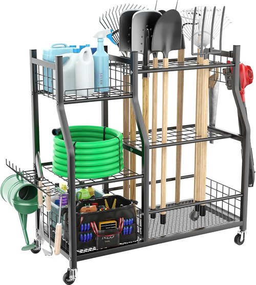 Garden Tool Organizer Rack by Extra Large | Heavy-Duty Storage Stand with Wheels for 60+ Tools - Black
