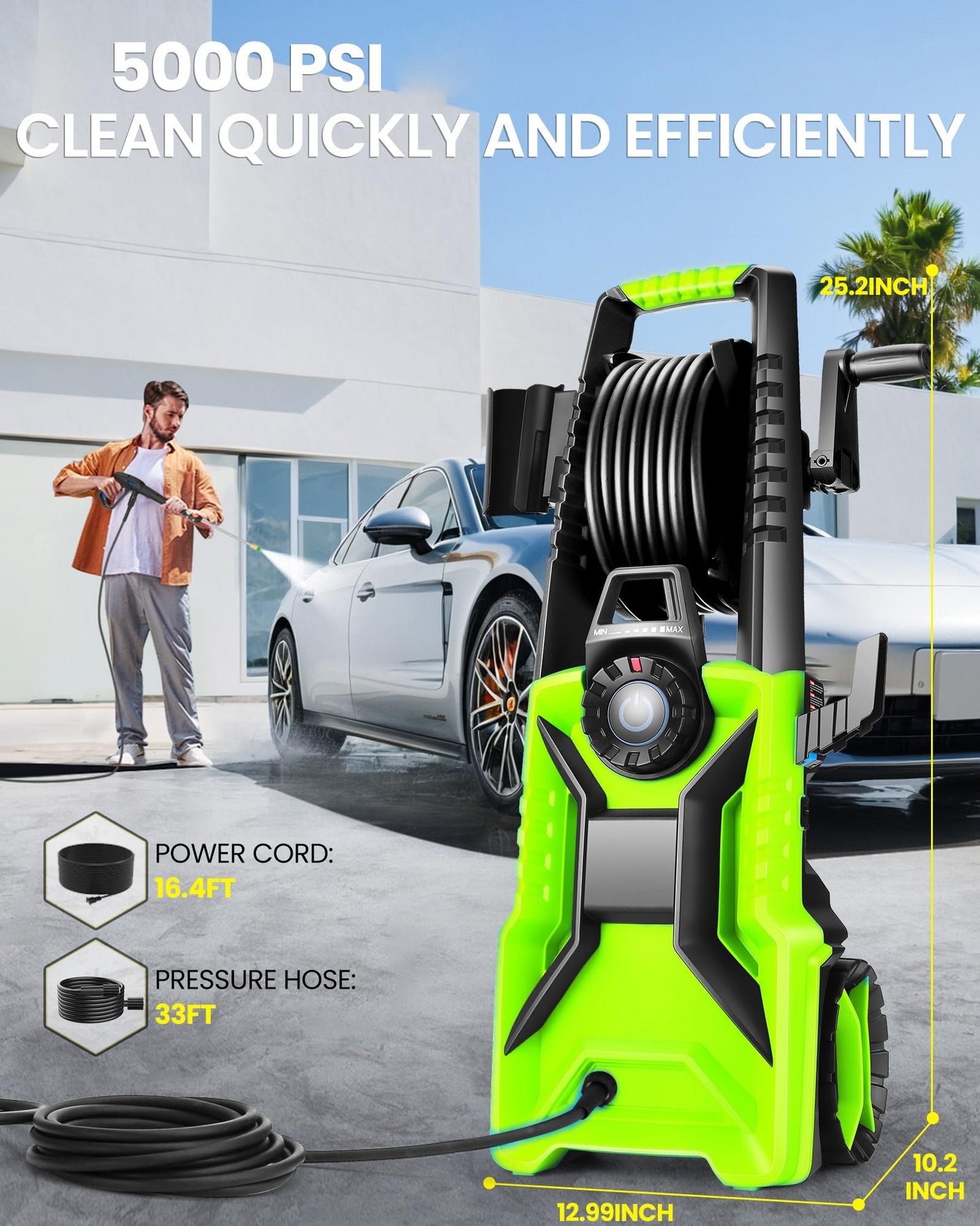 Electric Pressure Washer,5000 PSI 3.9GPM Adjustable Pressure,Power Washer Electric Powered with Foam Cannon,4 Nozzle,33FT Hose and Soap Bottle for Home/Cars/Fences (Green)