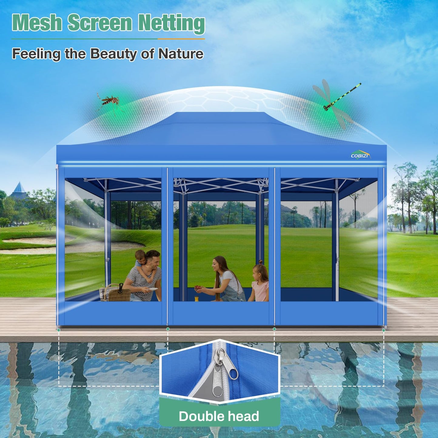 COBIZI 10x15 Canopy Tent, Heavy Duty Pop up Canopy with Sidewalls, Waterproof Easy Setup Canopy with Mosquito Netting, Outdoor Instant Screen Tents for Parties, Wedding, Backyard with Carry Bag, Blue