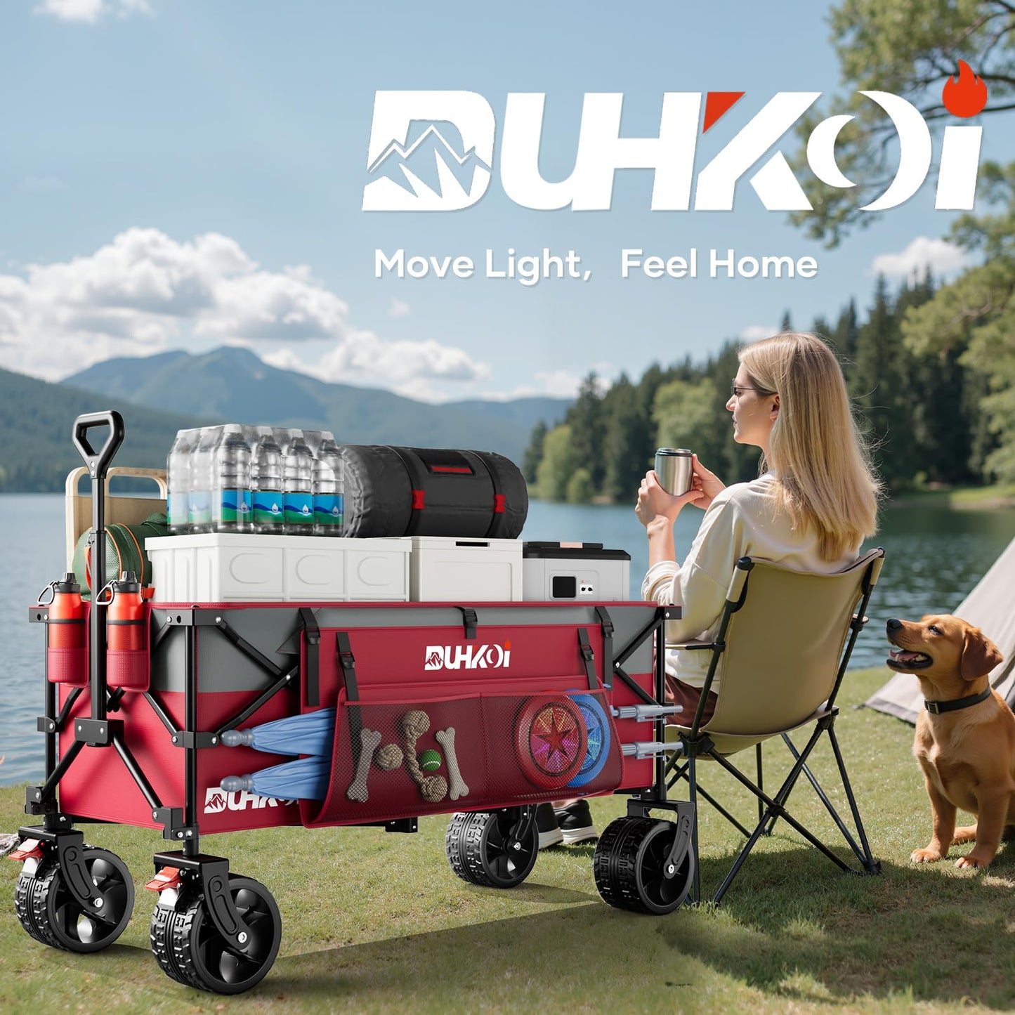 49" L Collapsible Extended Wagon with 500lbs Weight Capacity,300L Heavy Duty Sports Wagon,Big All-Terrian Wheels with Cup Holders,Cart for Sports,Grocery,Shopping,(Rosepink)