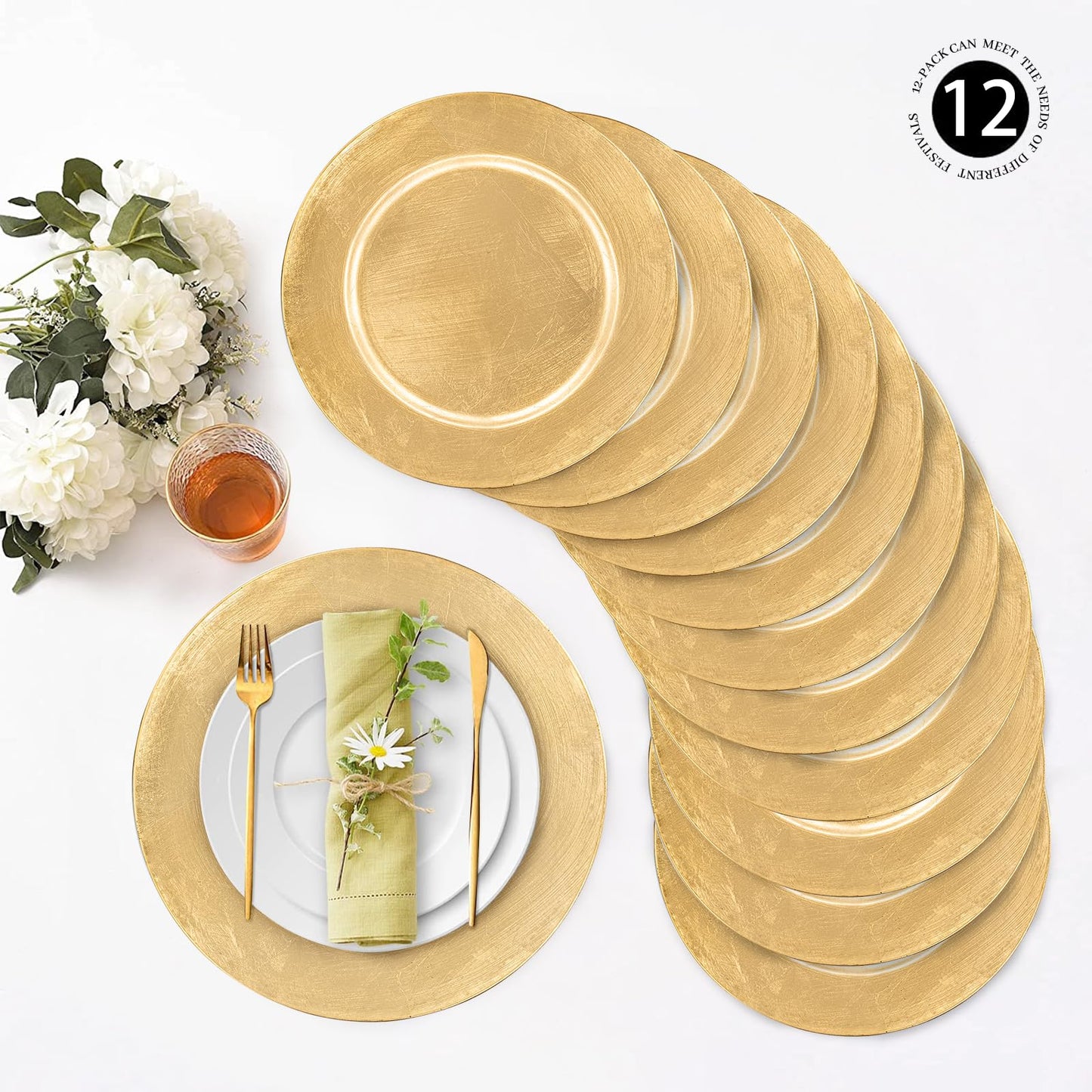 MAONAME Foil Gold Charger Plates Set of 12, 13" Plate Chargers for Dinner Plate, Plastic Round Chargers for Table Setting, Wedding Bulk