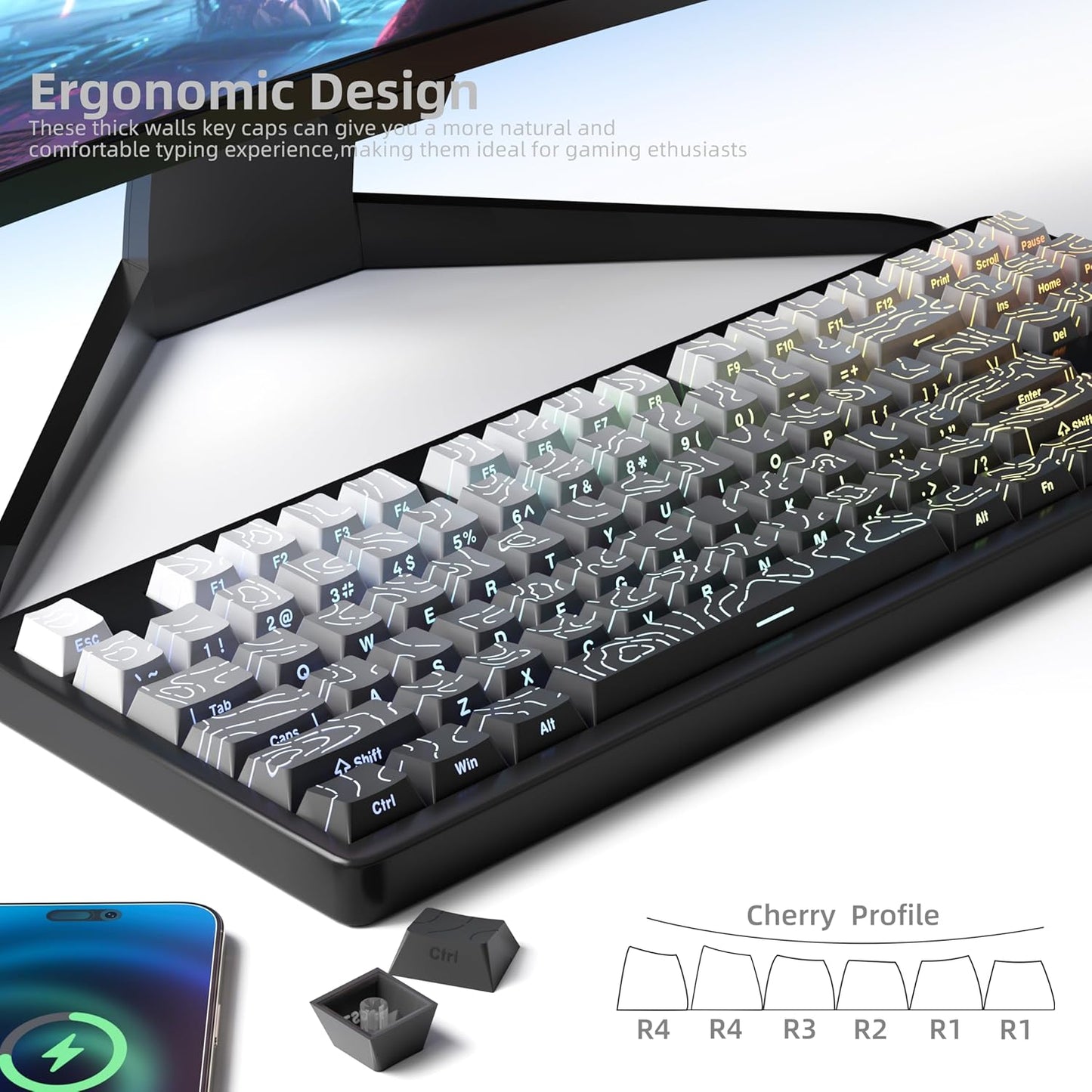 FunHub Set 133 60% 65% 75% 100% Shine Through PBT Keycaps - Black Double Shot Side Printed Backlit Keycaps Keys Cherry