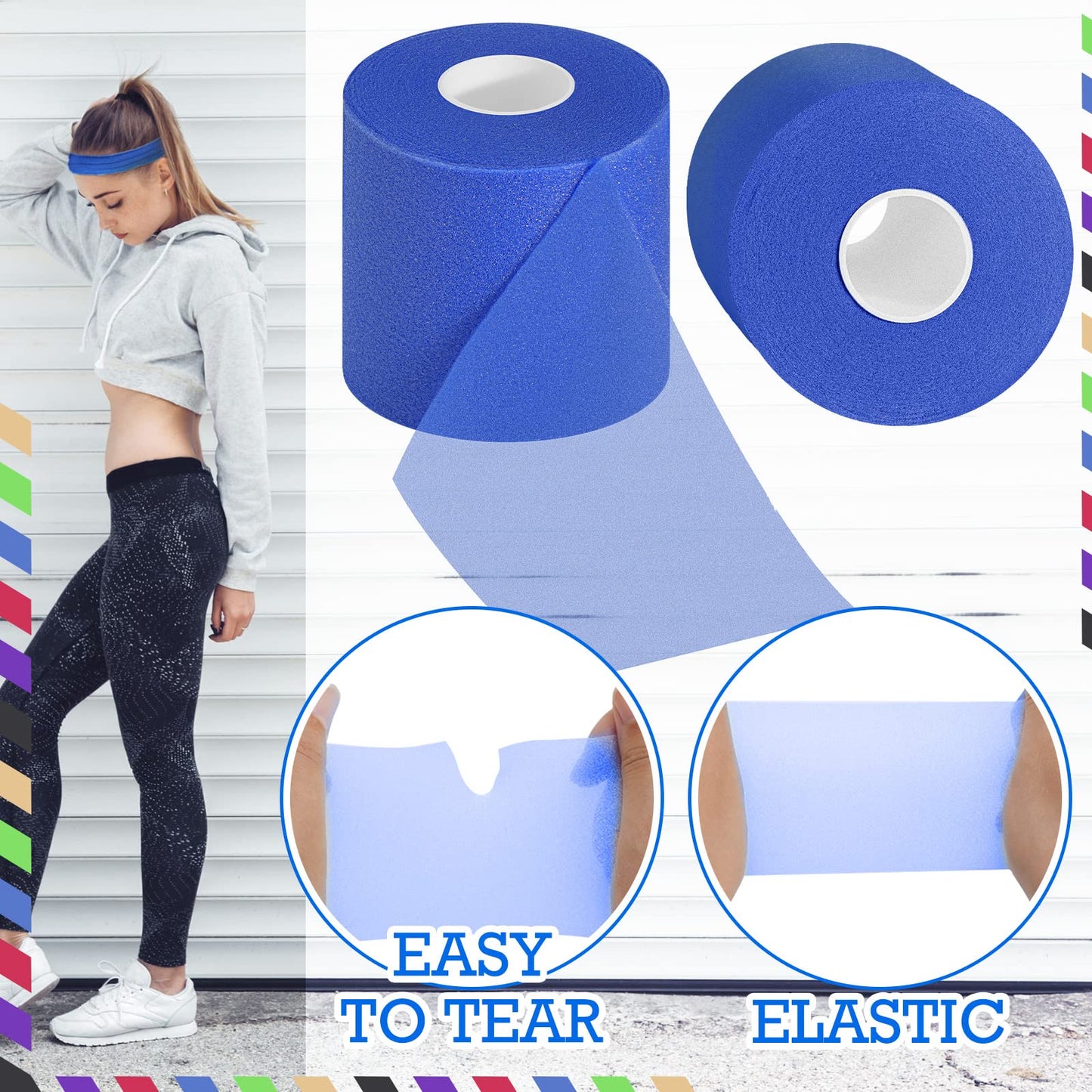 Nuanchu 24 Pieces Wrap Athletic Tape 2.75 Inches x 30 Yards Athletic Foam Underwrap Tape for Hair Soccer Sport Pre Wrap Ankles Wrists Hands and Knees(Black, White, Beige, Rose Red, Lime Green, Blue)