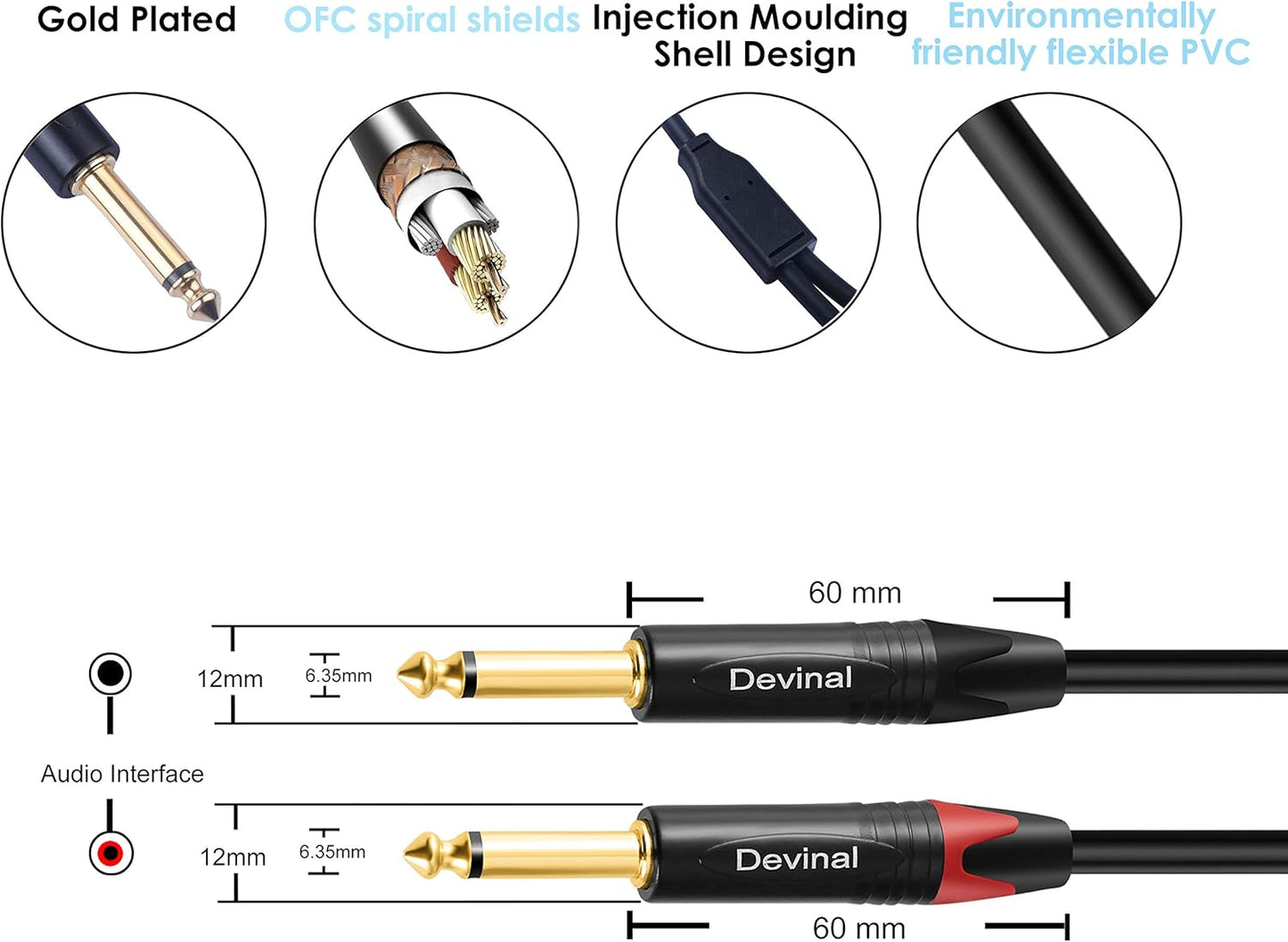 1/4" 1/4" inch 10Ft Devinal USB to Dual Stereo Audio Cable, USB-A to Dual Output Cord Connector, PC to Stereo Audio