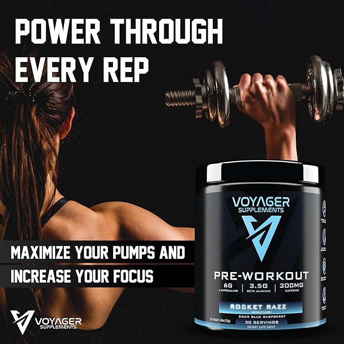 Voyager Pre-Workout Rocket Razz ??Creatine-Free Powder w/L-Citrulline, Beta-Alanine, Caffeine ??Supports Energy, Endurance & Focus ??30 Servings ??No Artificial Fillers ??GMP Certified