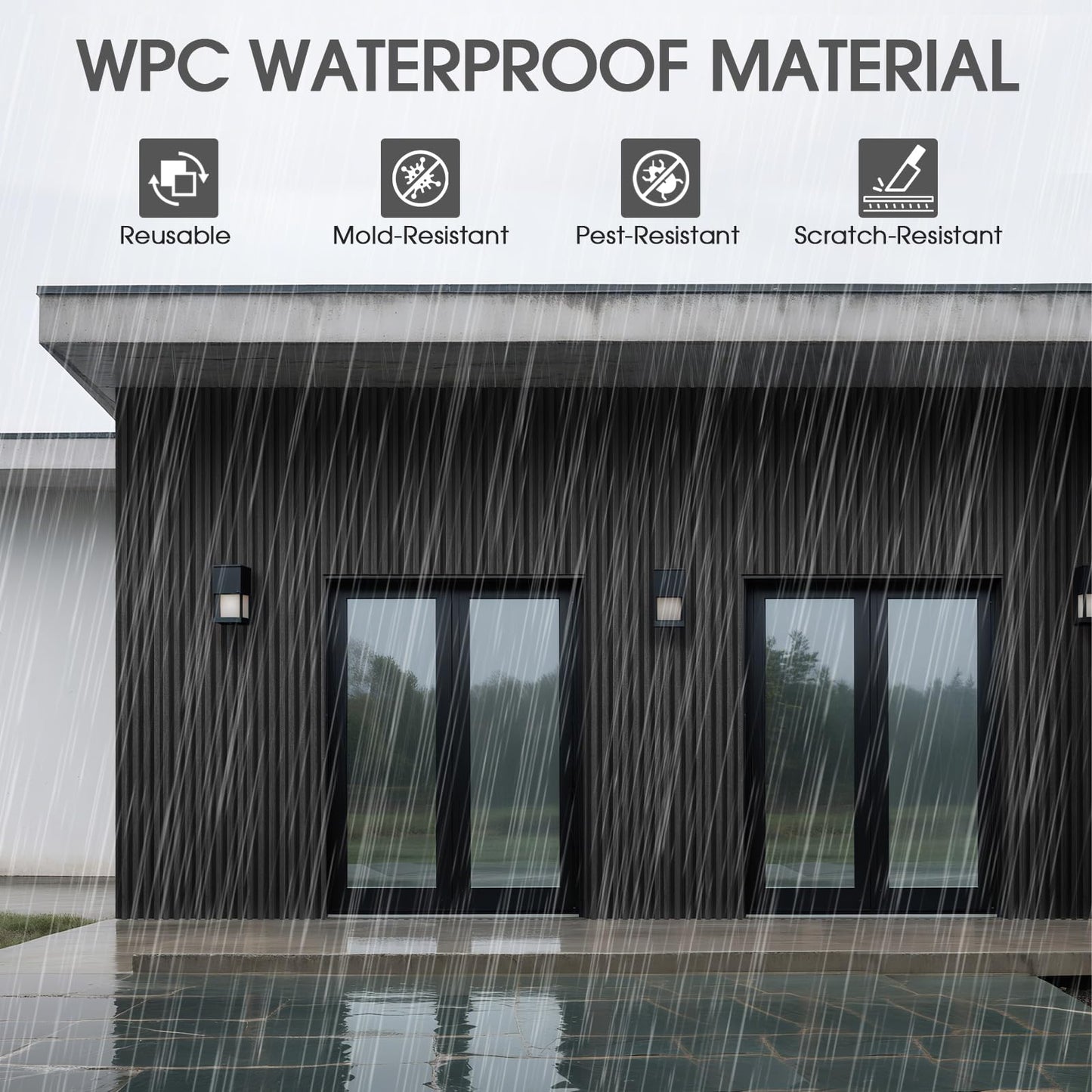 LARWORKS WPC Slat Wall Panels 8 Pack 96" x 6", Waterproof Fluted Wall Paneling, Accent 3D Wall Panel for Wall Decor, Bathroom, Bedroom, Office - Low Grille Black (Cover Approx.32 sq.ft)