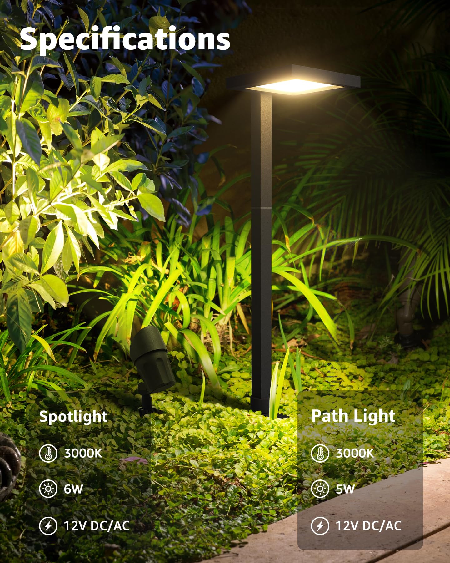 SUNVIE All-in-ONE Landscape Lighting Kit 6-Pack Anti-glare LED Pathway Lights, 2-Pack Spotlights, 60W Transformer, 100FT 16/2 AWG Wire and Connectors Outdoor Landscape Lighting for Walkway Garden Yard