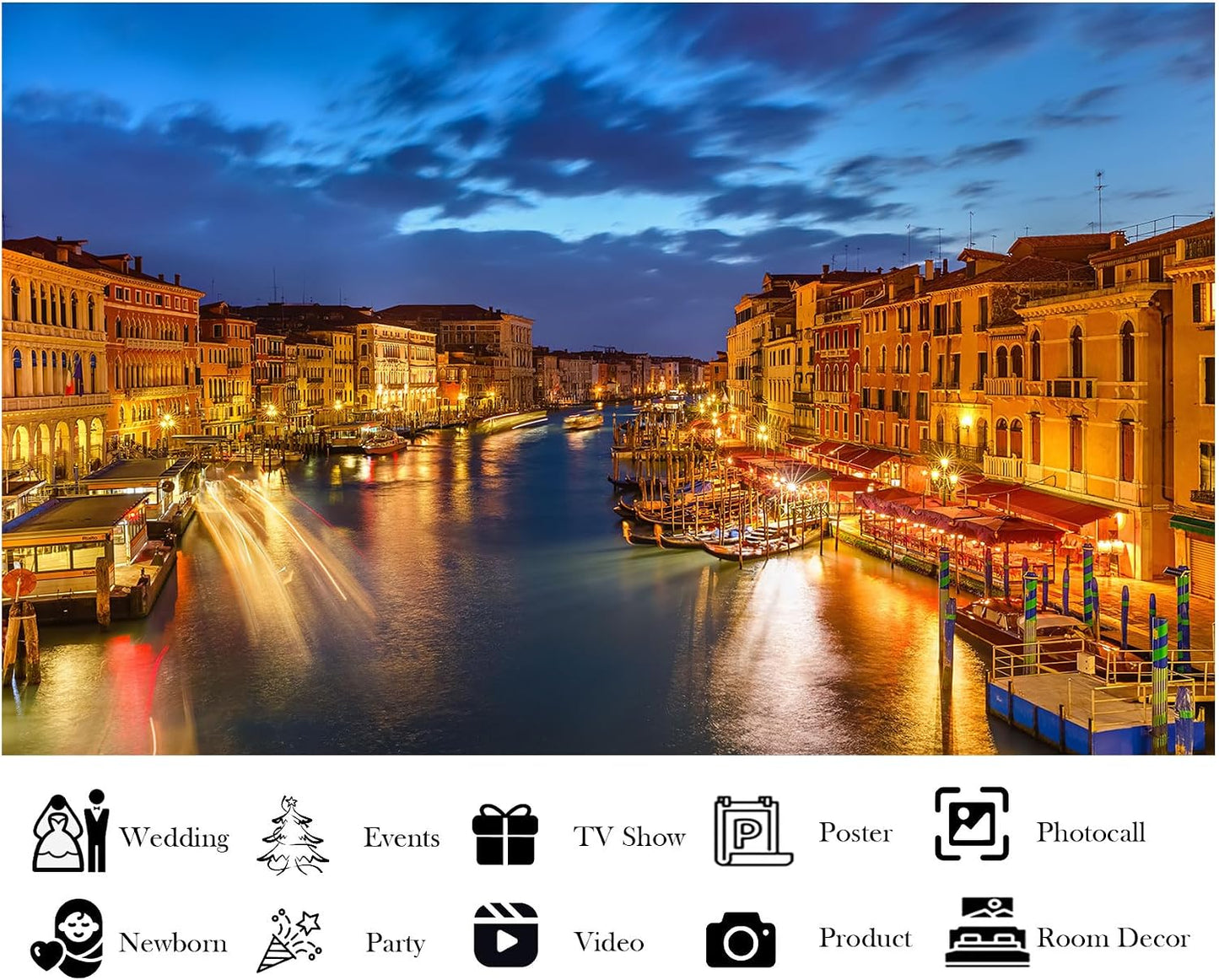 LidyMini 10x7ft Fabric Venice Grand Canal Night Backdrop Historic Palaces Gondolas Light Trails Photography Background