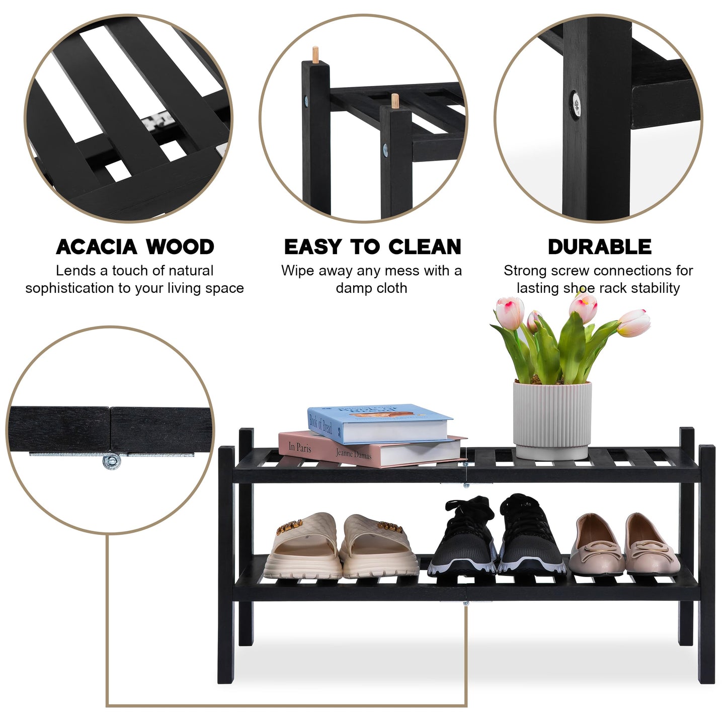 VICTORY RELAX 2-Tier Acacia Wood Shoe Rack - Stackable Entryway Organizer for Closet, Entryway, Easy Assembly, Indoor/Outdoor Storage Stand (Black)
