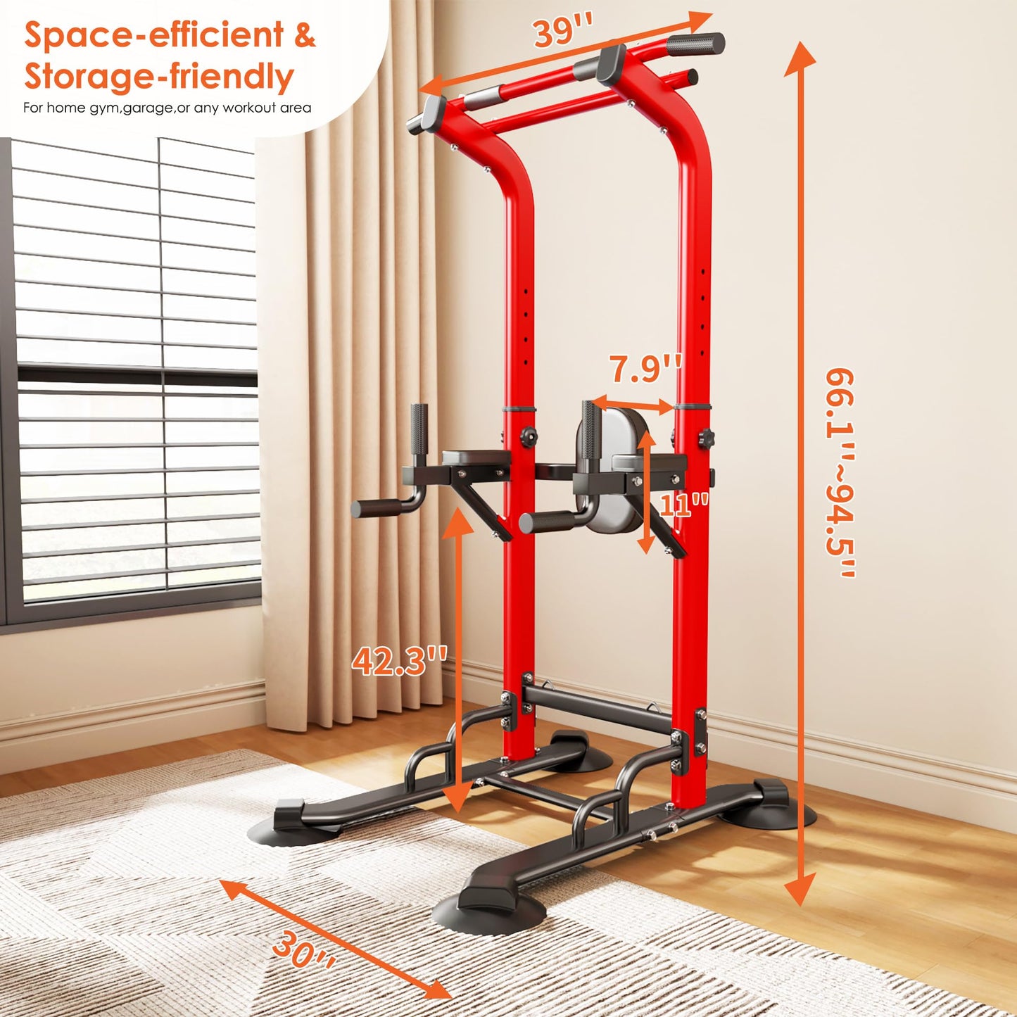 SogesPower Power Tower Pull Up Bar Station, 12-Level Adjustable Multi-Function Pull Up Dip Station for Home Gym, Pull Up Bar Stand Dip Bar Strength Training Fitness Equipment, Red with Resistance Bands