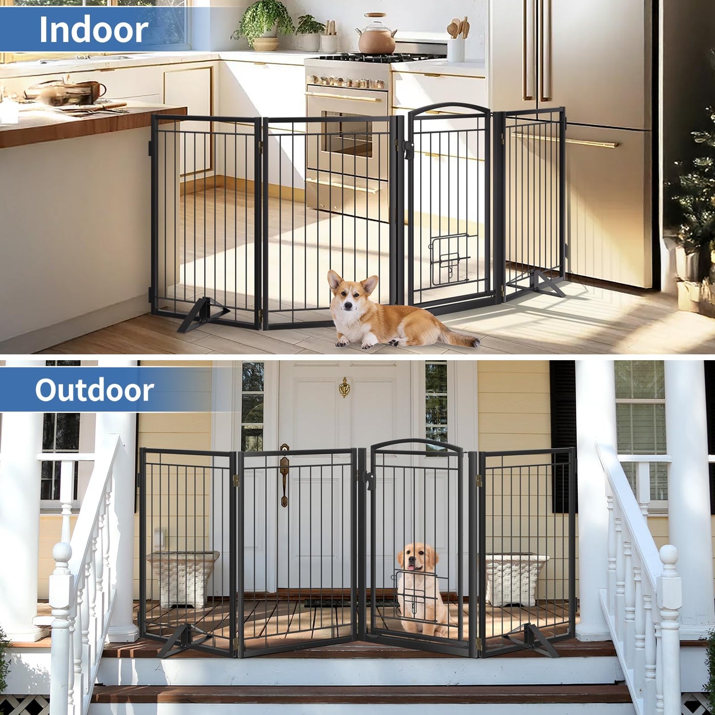 Full Metal Freestanding Dog Gate with Cat Door for Indoor & Outdoor,32" Tall Foldable Dog Fence,80" Extra Wide Freestanding Pet Gate for Large Openings,Stairs,Deck,Yard,Doorways(4 Panels,Black)