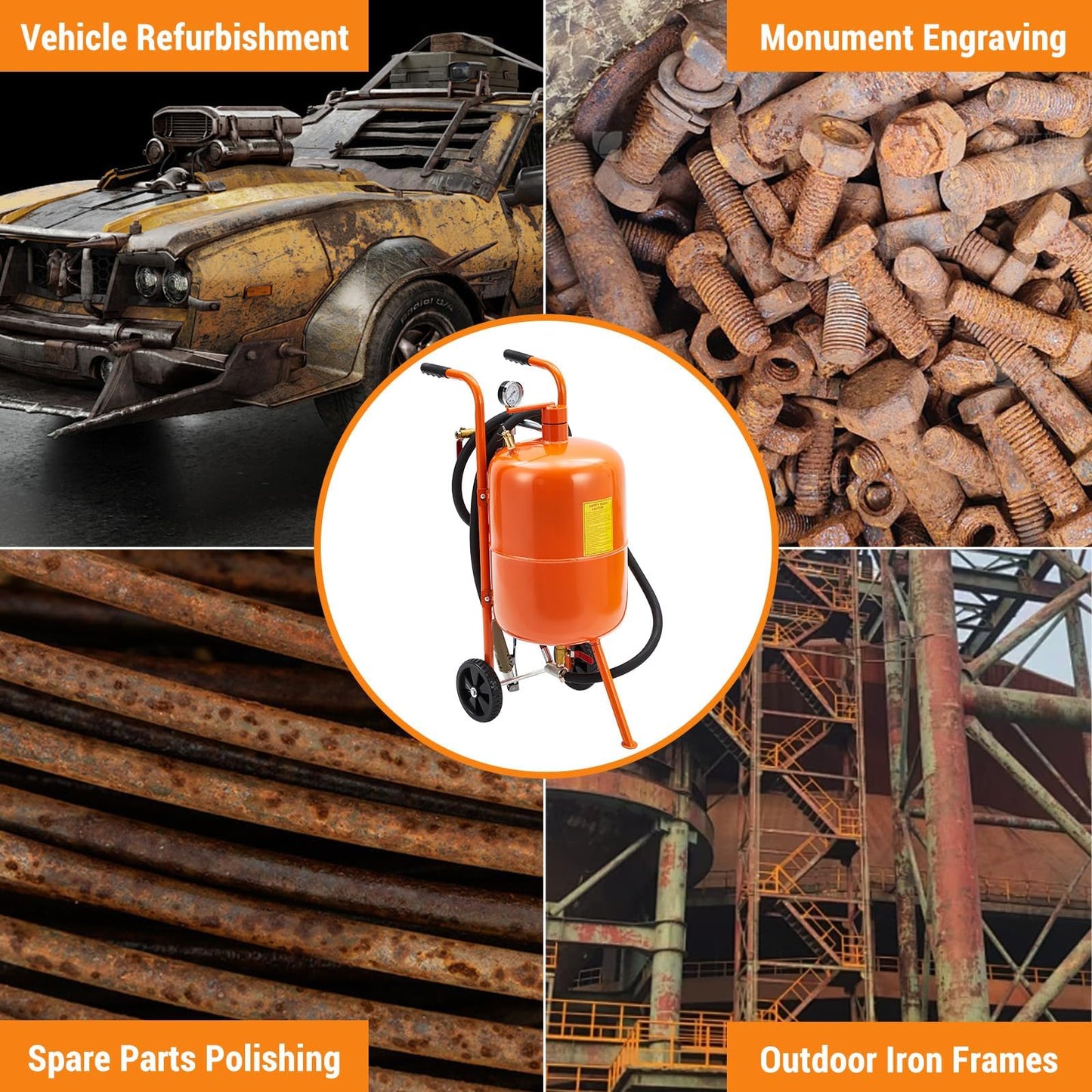 GarveeTech 20 gal Sand Blasting Machine, 60-110 Psi Pressure Air Sand Blasting Kit w/4 Ceramic Nozzles & Oil-Water Separator, Portable Abrasive Blaster for Stain Removal Paint, Orange