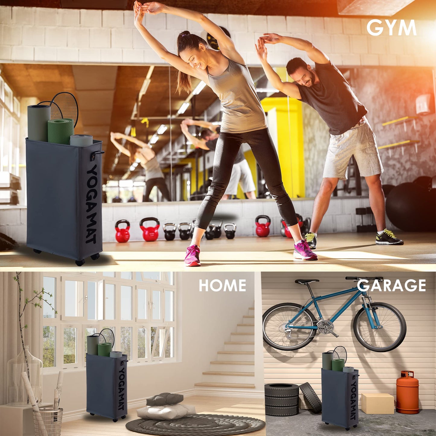 Caroeas 22 inches Yoga Mat Storage Basket, Large Yoga Mat Holder Accessories, Home Gym Equipment Storage Yoga Mats, Women Men Workout Equipment Organization with 4 Wheels, Dark Gray