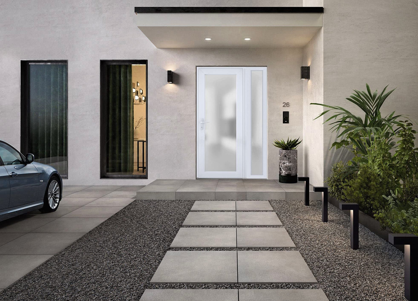 VDOMDOORS Front Exterior Prehung Fiberglass Door Frosted Glass/Manux 8102 White Silk/Side Exterior Window/Entrance Patio Garage-W30+14" x H80-Right-hand Inswing