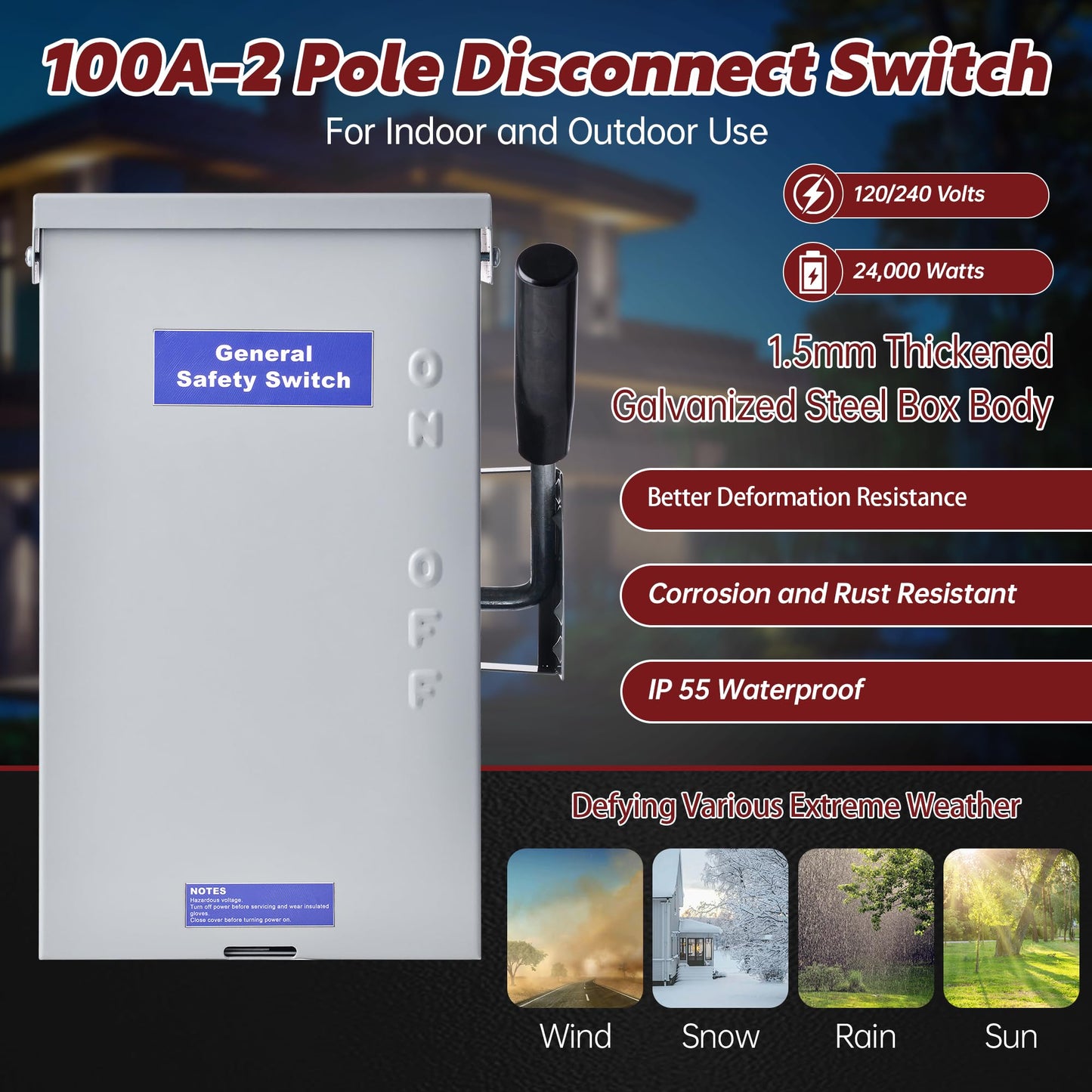 100 Amp Disconnect Switch Box, 120/240V 2 Pole Heavy Duty Safety Switch with Ground, Multi-Safety Protection Design, Non-Fusible, Galvanized Steel Enclosure, NEMA 3R Standards for Indoor and Outdoor