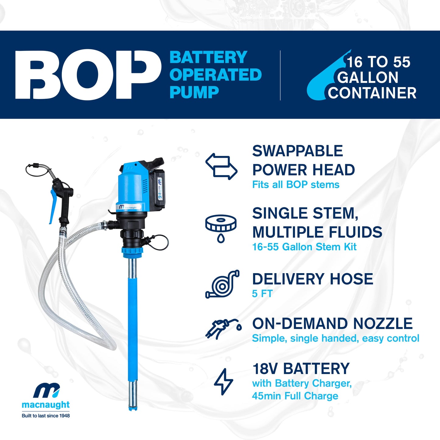 Macnaught BOP Battery Operated Oil Pumps - 16 to 55 Gallon, 5FT Hose, On-Demand Nozzle – for Oil, ATF, Coolant, Hydraulic Fluids – 2 Years Warranty (16-55 Gal Complete Starter Kit)