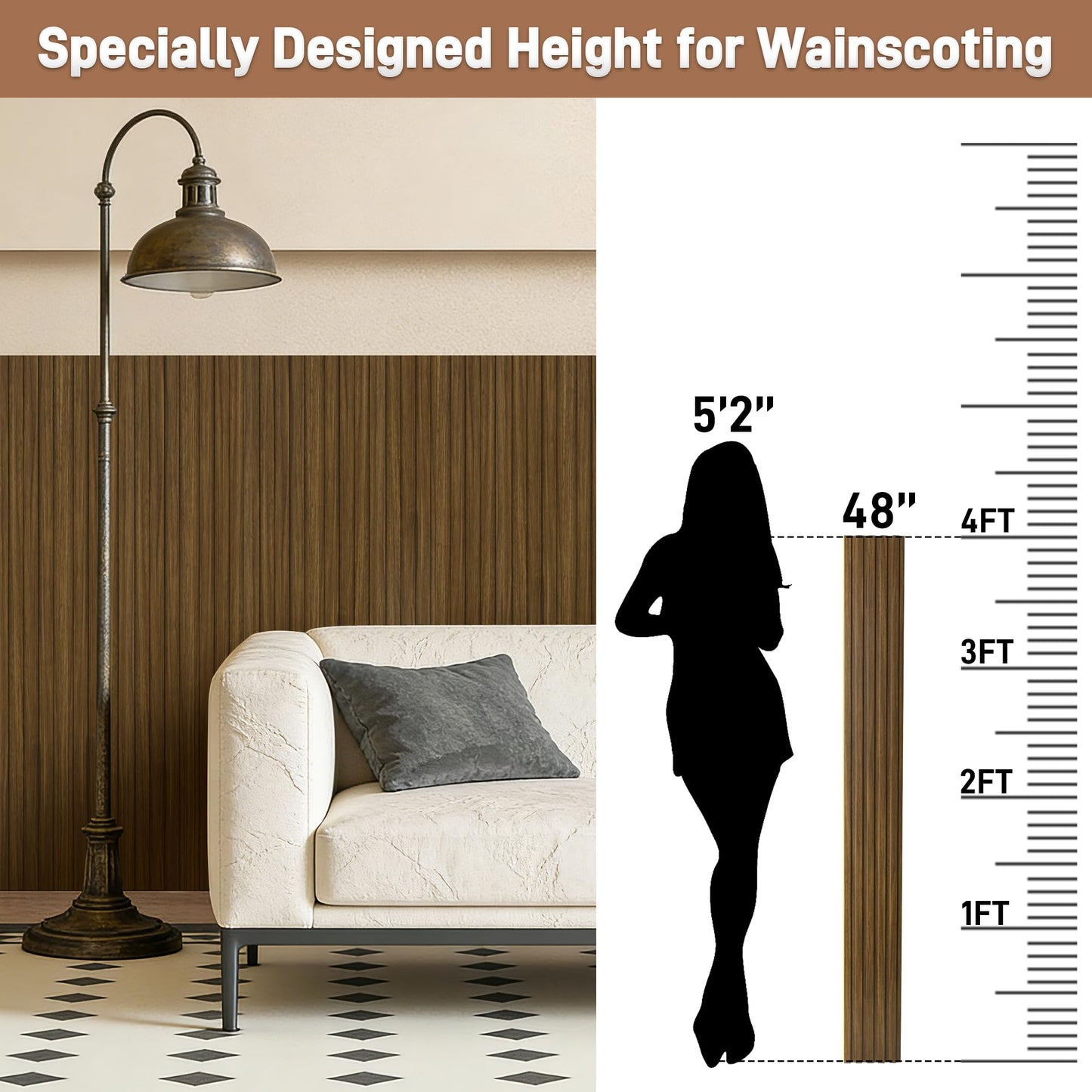 LETKEYS WPC Wainscoting Panels, 16 Packs 48 x 6 Inch 3D Wall Panels for Interior Wall Decor, Living Room, Bedroom, TV Background, Accent Slat Wall Paneling, Light Walnut