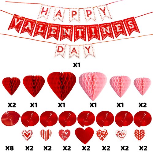 JOYIN 31 Pcs Valentines Day Swirl String Cutout,Decoration Kit with Banner, Garland, Foil Swirls, Hanging Swirls with Heart Pendant,Heart Honeycombs for Valentines Party, Wedding ,Anniversary