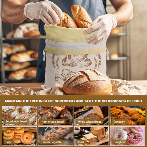 Large Linen Beeswax Bread Bags(2 Pack) Sourdough Bread Bags Reusable Double-Lock Freezer Baking Container Gift Giving for Homemade,Loaf,Sourdough,Food Storage (Plain Colour Patterns)