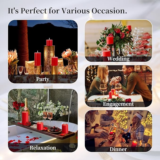KONNI Red Pillar Candles Set of 3, 3"x 3" Unscented Pillar Candles Bulk, 30 Hours Long Burning Candles, Smokeless and Dripless Large Round Candle for Wedding, Home Decoration, Parties, Spas, Dinner