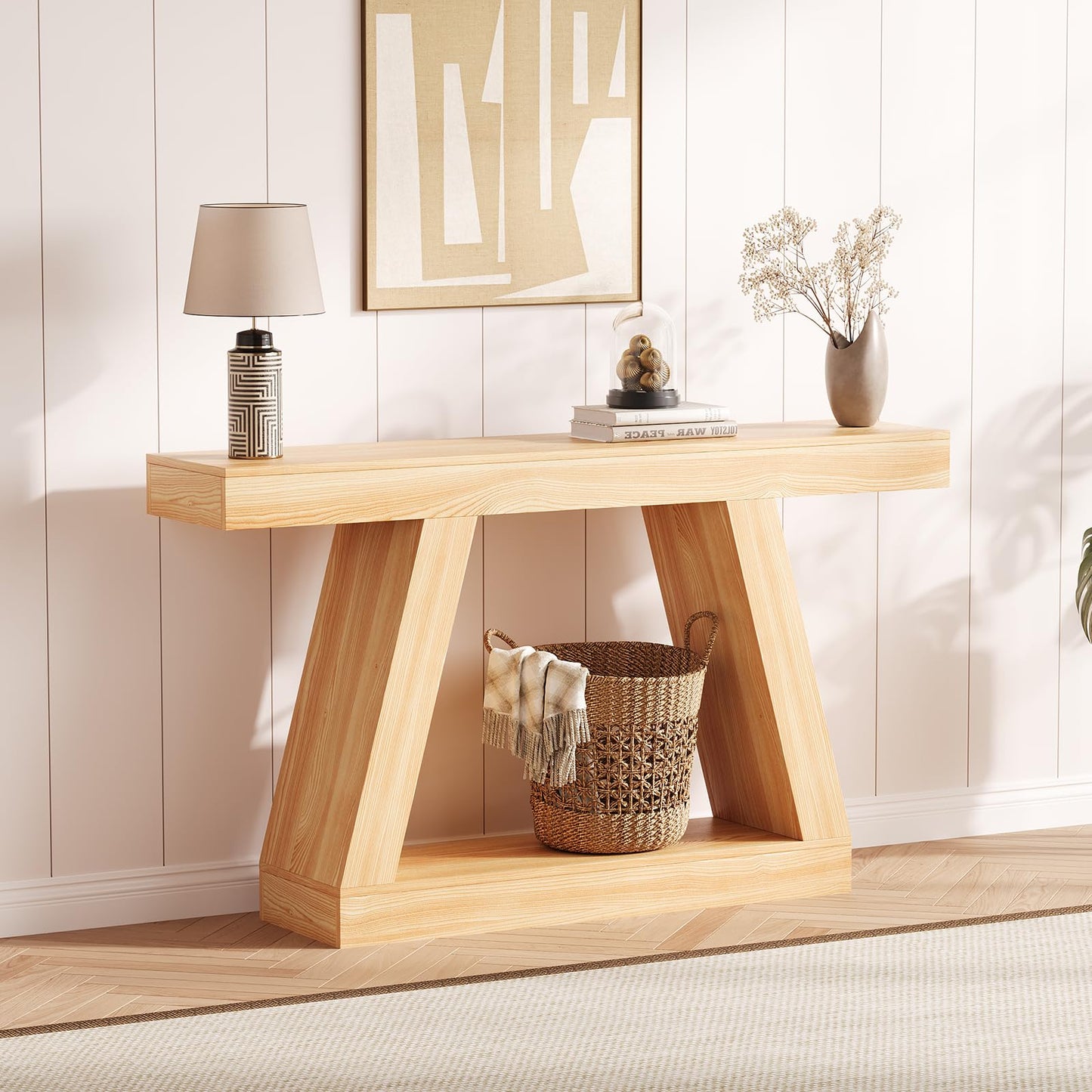 GarveeHome Farmhouse Console Table, 2-Tier Wooden Trapezium Sofa Table with Open Storage Shelf, Industrial Entryway Furniture for Entrance, Hallway, Living Room(55.1''x11.8''x31.5''), Natural