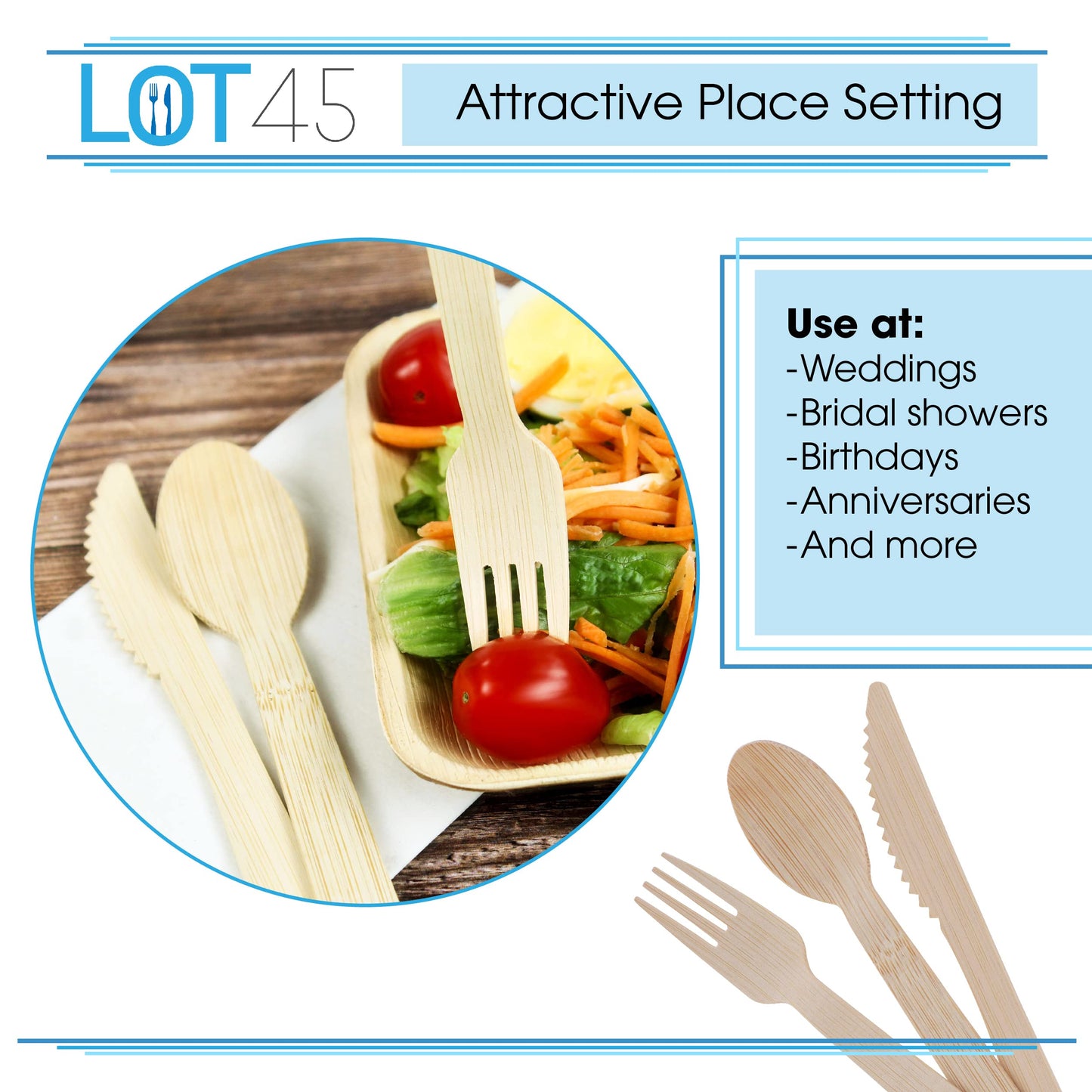 Lot45 Bulk Bamboo Utensils Set 360pc - Recyclable Cutlery Set Includes 20 Bonus Packaged Sets of Disposable Silverware