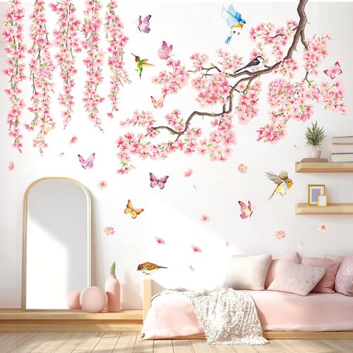 DECOWALL SG3-2320 Cherry Blossom Flower Wall Stickers Decals Branches Birds Butterflies Art Bedroom Floral Flower Girls Home Kids Living Nursery Pink Room Tree Nursery décor Baby