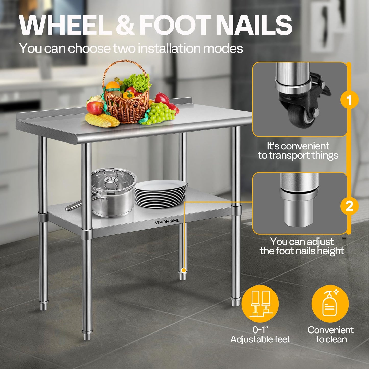 VIVOHOME 24 x 30 Inch Stainless Steel Work Table with Backsplash, Prep Commercial Table with Wheels for Restaurant, Hotel, Home and Warehouse