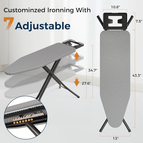 BEWISHOME Foldable Ironing Board - Compact Design with 7 Adjustable Heights & Safety Iron Rest | 43" x 13" Grey