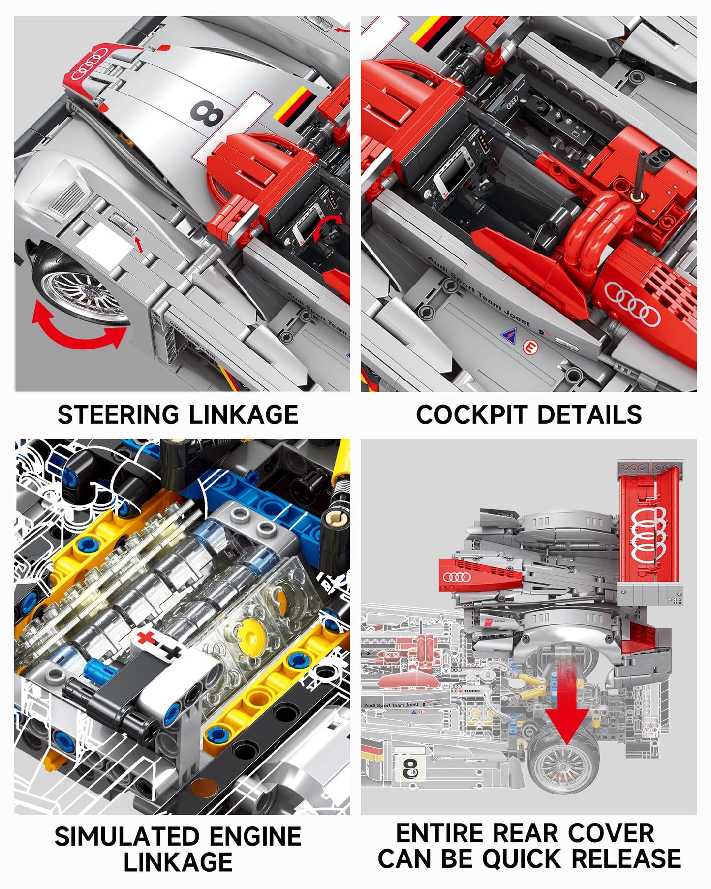 MOCBURIKU Audi R8 LM-P 24H Le Mans Winner, Collectible Race Car Building Kit for Adults Teens, 1:10 Scale Racing Techinc Car Model, Home or Office Décor Gift for Motorsport Fans Age 14+ (2,426 PCS)