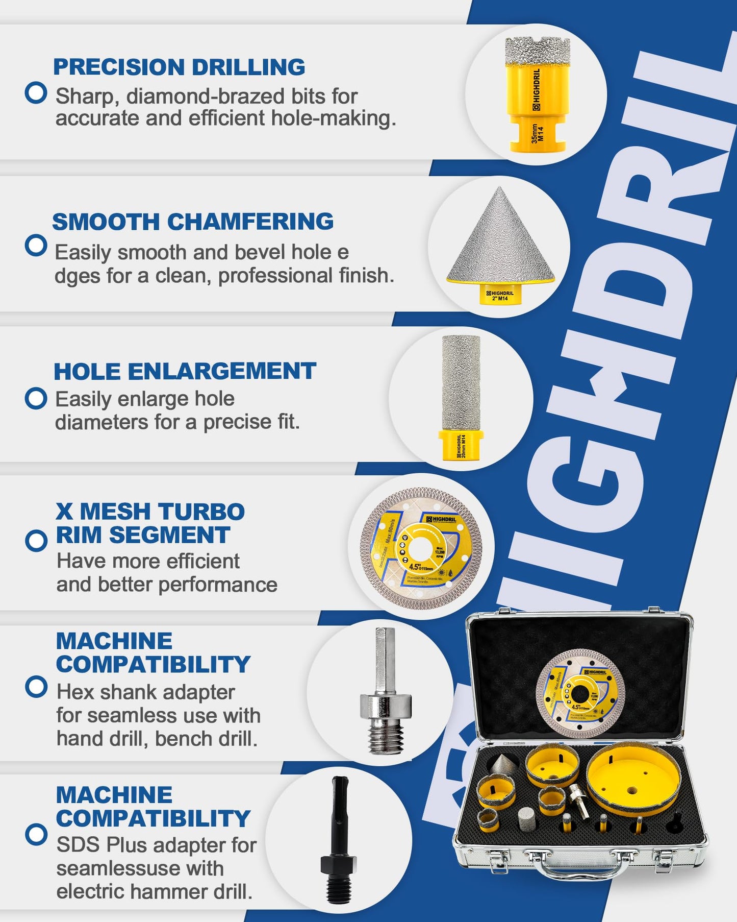 HIGHDRIL 13Pcs Diamond Hole Saw Kit - 1/4", 5/16", 3/8", 1", 1-3/8", 2", 3", 5" Drill Bits with 2" Chamfer Bit, 4/5" Finger Bit, Adapters for Tile Porcelain Ceramic Granite Marble Stone