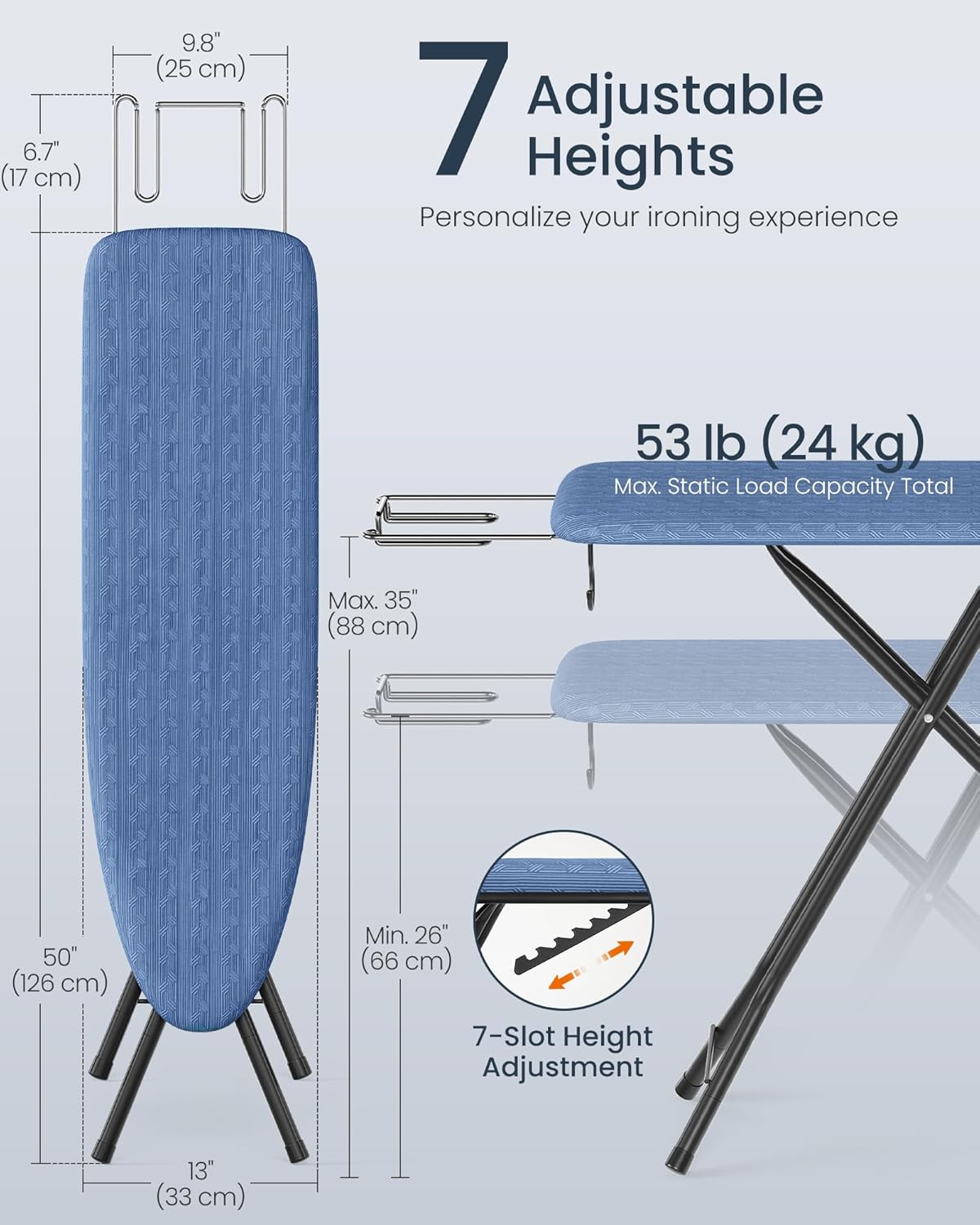 SONGMICS Ironing Board - Foldable & Height Adjustable Up to 35 Inches | Midnight Blue with 4-Layer Cover & Pad