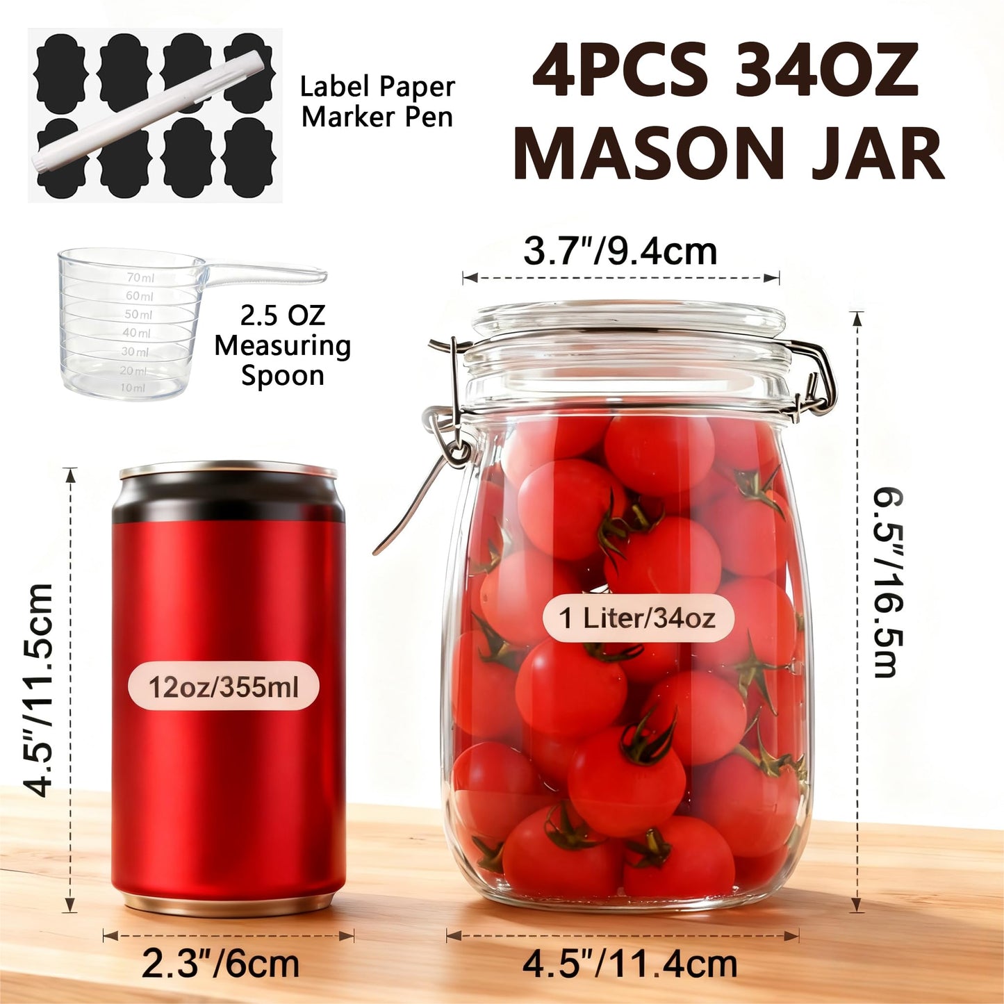 TAOUNOA 4PCS Glass Jars with Airtight Lid, 34 OZ Mason Jars Wide Mouth, Glass Pickling Jars for Canning & Fermenting, Mason Storage Container for Coffee, Flour, Sugar, Pasta