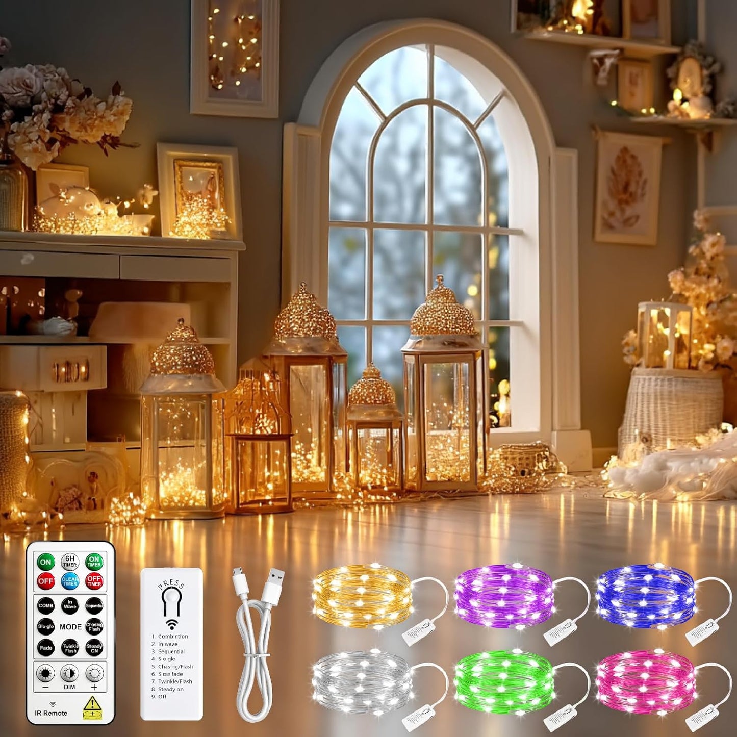 Skiennix 120L Twinkle Lights - 100 LED Rechargeable Fairy Lights with Remote & Timer Bundle