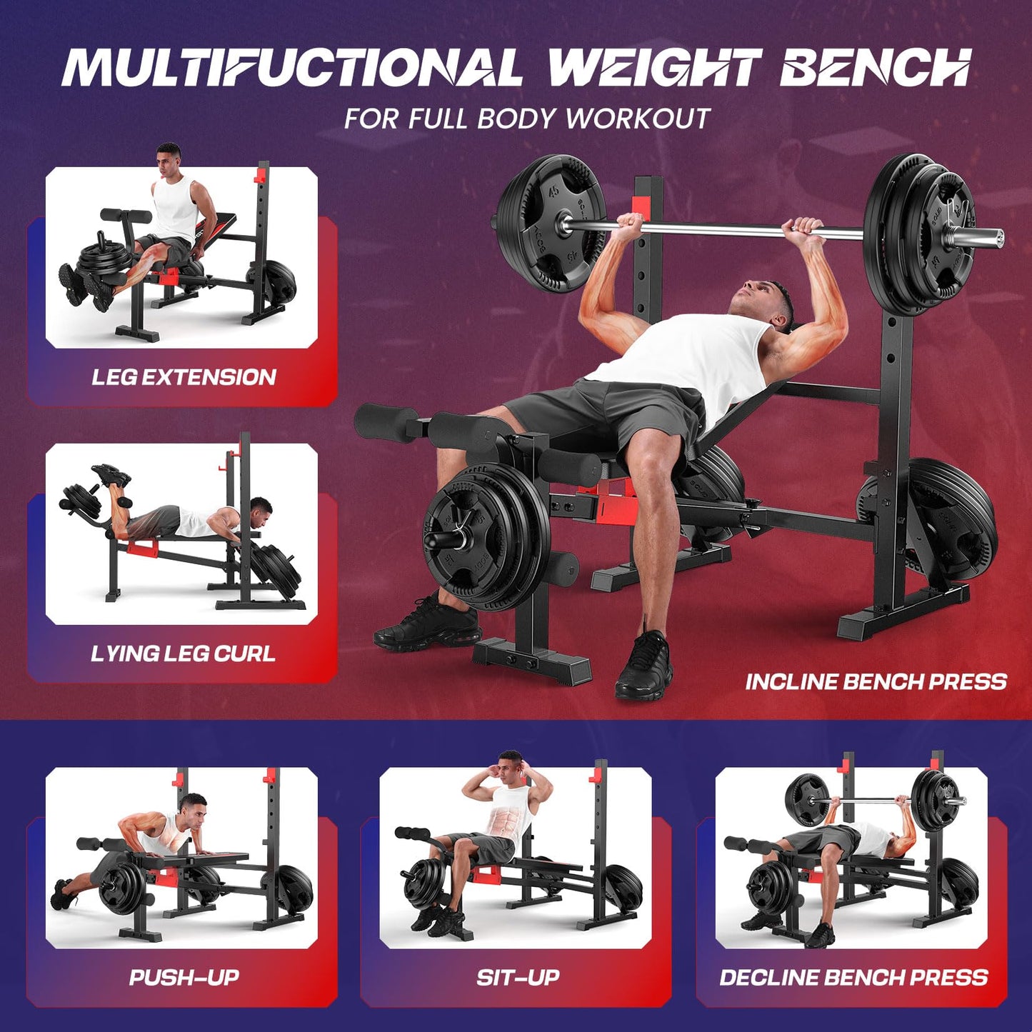 OPPSDECOR 900 LBS Weight Bench Set with Squat Rack, Adjustable Bench Press Set with Leg Extension and Leg Curl, Foldable Flat/Incline/Decline Workout Bench for Home Gym