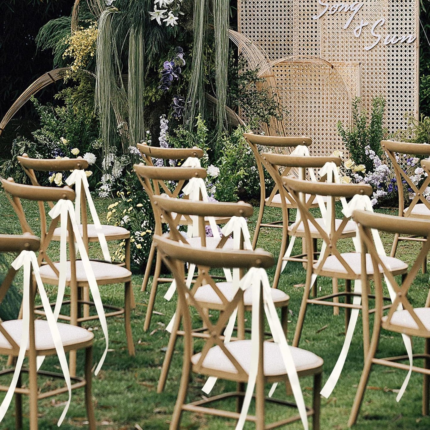 Skiennix 24 Pcs Ivory Ribbon Bows - Elegant Wedding Chair Decorations | Perfect for Bridal Showers & Ceremonies