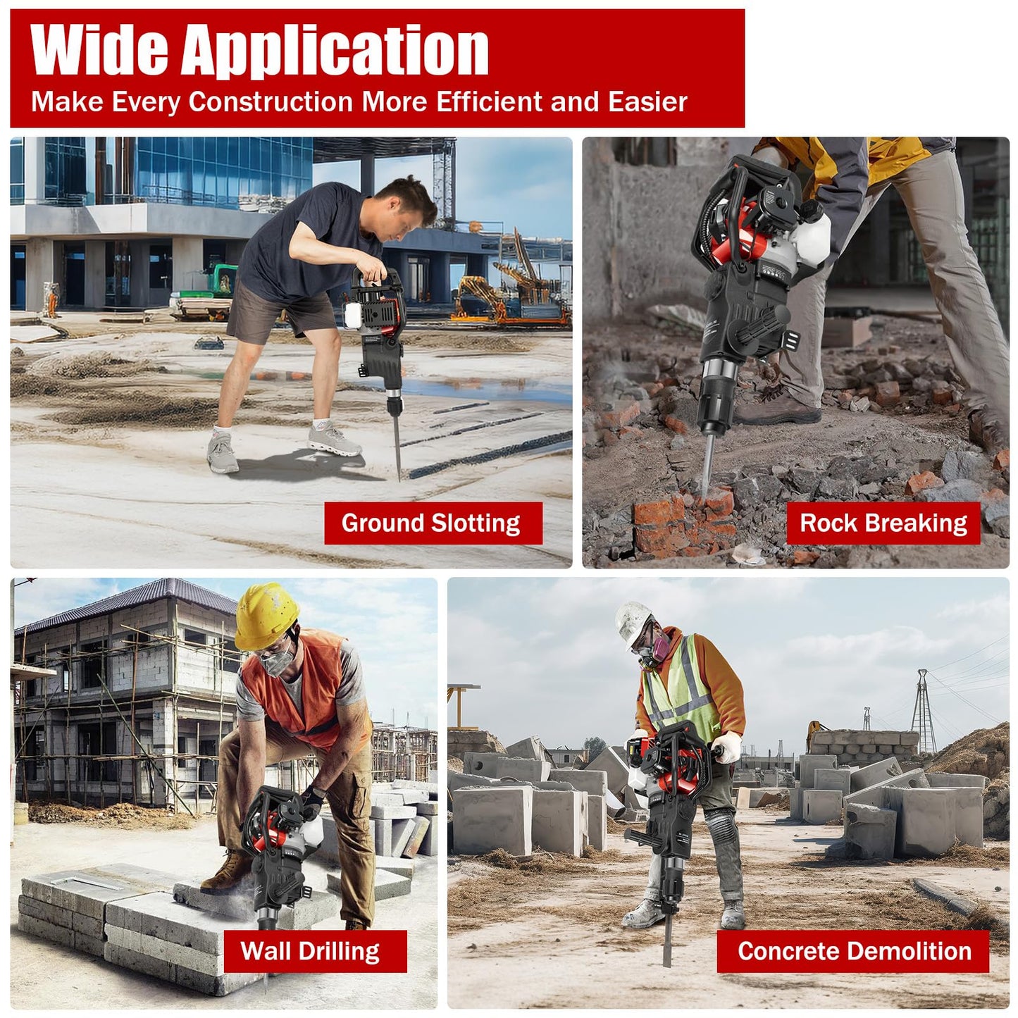 33CC 1000W Gas Powered Jack Hammer, 2-Stroke Hammer Drill, Drilling Machine Breaker Punch Drill Chisels Heavy Duty Gasoline Concrete Breaker Rock Drill for Concrete Breaking, Construction
