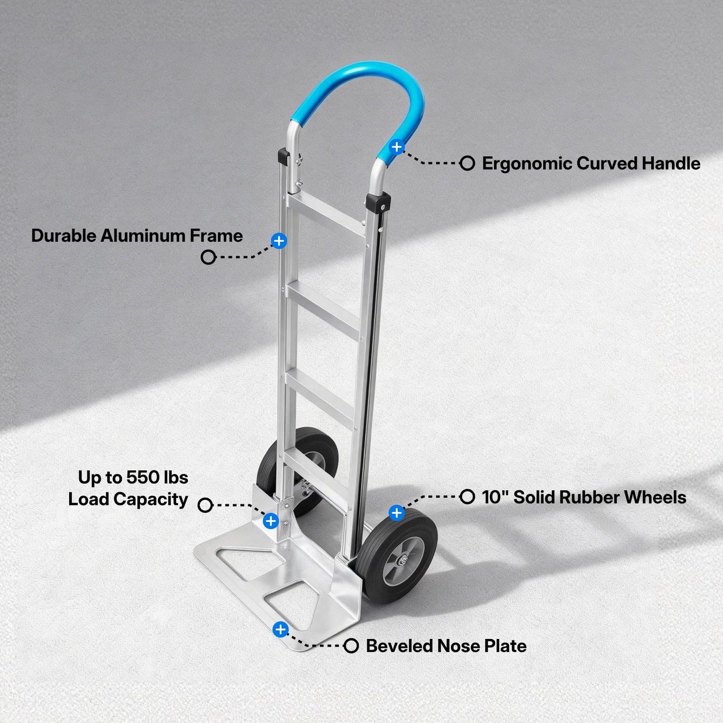 Heavy Duty Aluminum Hand Truck – 550 lbs Capacity, Ergonomic Curved Handle, 10" Solid Rubber Wheels, Beveled Nose Plate for Easy Loading & Transport
